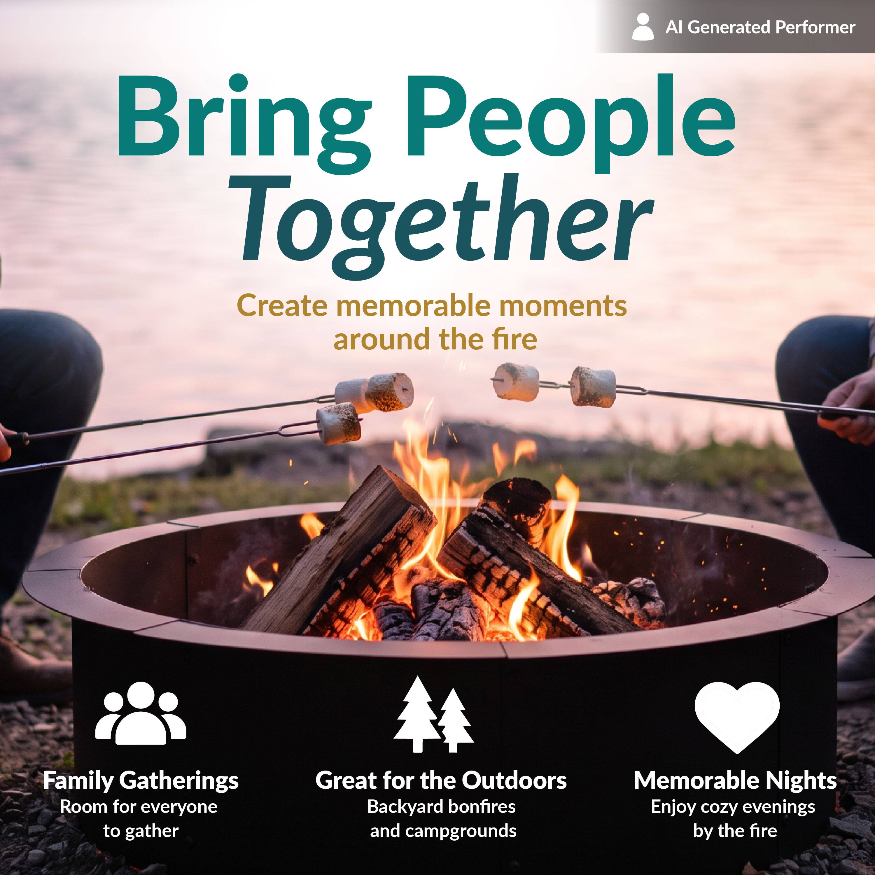 AI Generated Performer  
Bring People Together  
Create memorable moments around the fire  

Family Gatherings  
Room for everyone to gather  

Great for the Outdoors  
Backyard bonfires and campgrounds  

Memorable Nights  
Enjoy cozy evenings by the fire