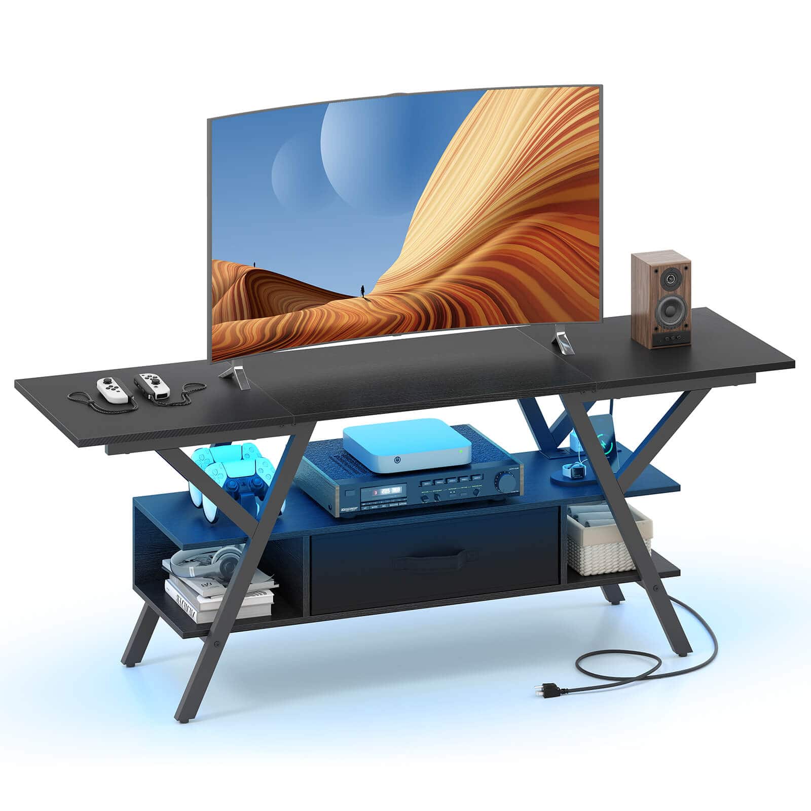 Costway - 3-Tier TV Stand with Power Outlets for 65" TVs, LED Lights & Remote Storage Shelves - Brown