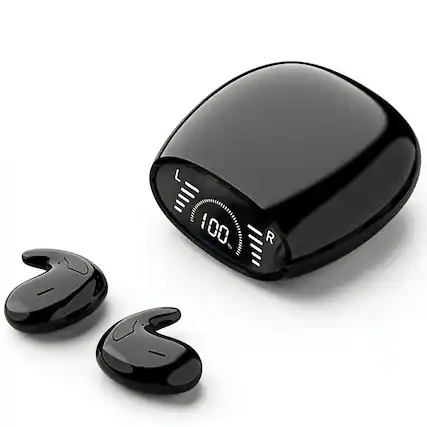 Front. PRIMEPLUS - MD528 Ultra-Thin Invisible Bluetooth Earbuds, Lightweight, 10.4mm Slim Design, BT 5.3, LED Display, HD Voice - Black.