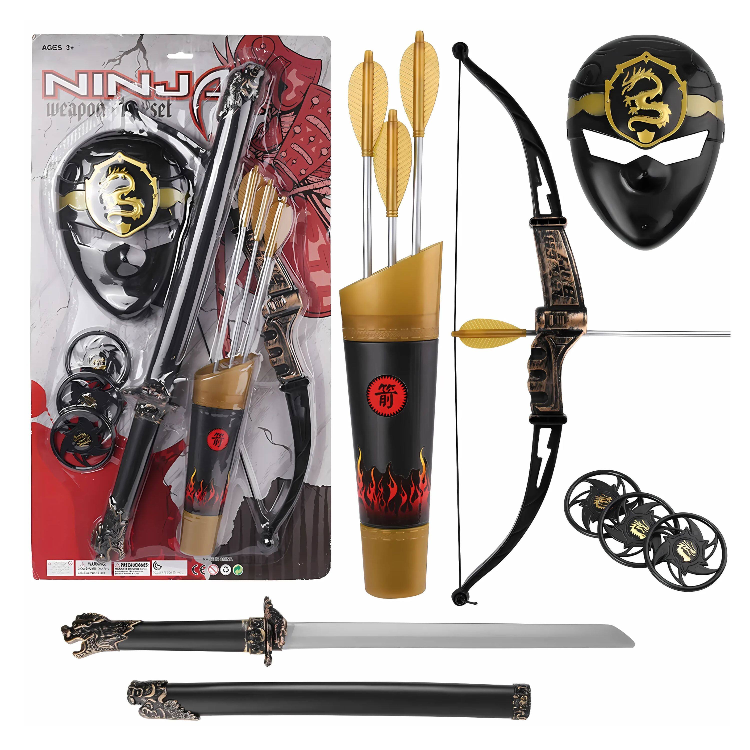 AGES 3+  
NINJA  
weapon set  

- 3 swords  
- 1 bow  
- 3 arrows  
- 1 quiver  
- 1 mask  
- 3 shurikens  

Precautions:  
- Do not use near eyes.  
- Keep out of reach of children.  
- Do not use near water.  
- Do not use near fire.  
- Do not use near electrical equipment.  
- Do not use near animals.  
- Do not use near food.  
- Do not use near water.  
- Do not use near fire.  
- Do not use near electrical equipment.  
- Do not use near animals.  
- Do not use near food.  
- Do not use near water.  
- Do not use near fire.  
- Do not use near electrical equipment.  
- Do not use near animals.  
- Do not use near food.  
- Do not use near water.  
- Do not use near fire.  
- Do not use near electrical equipment.  
- Do not use near animals.  
- Do not use near food.  
- Do not use near water.  
- Do not use near fire.  
- Do not use near electrical equipment.