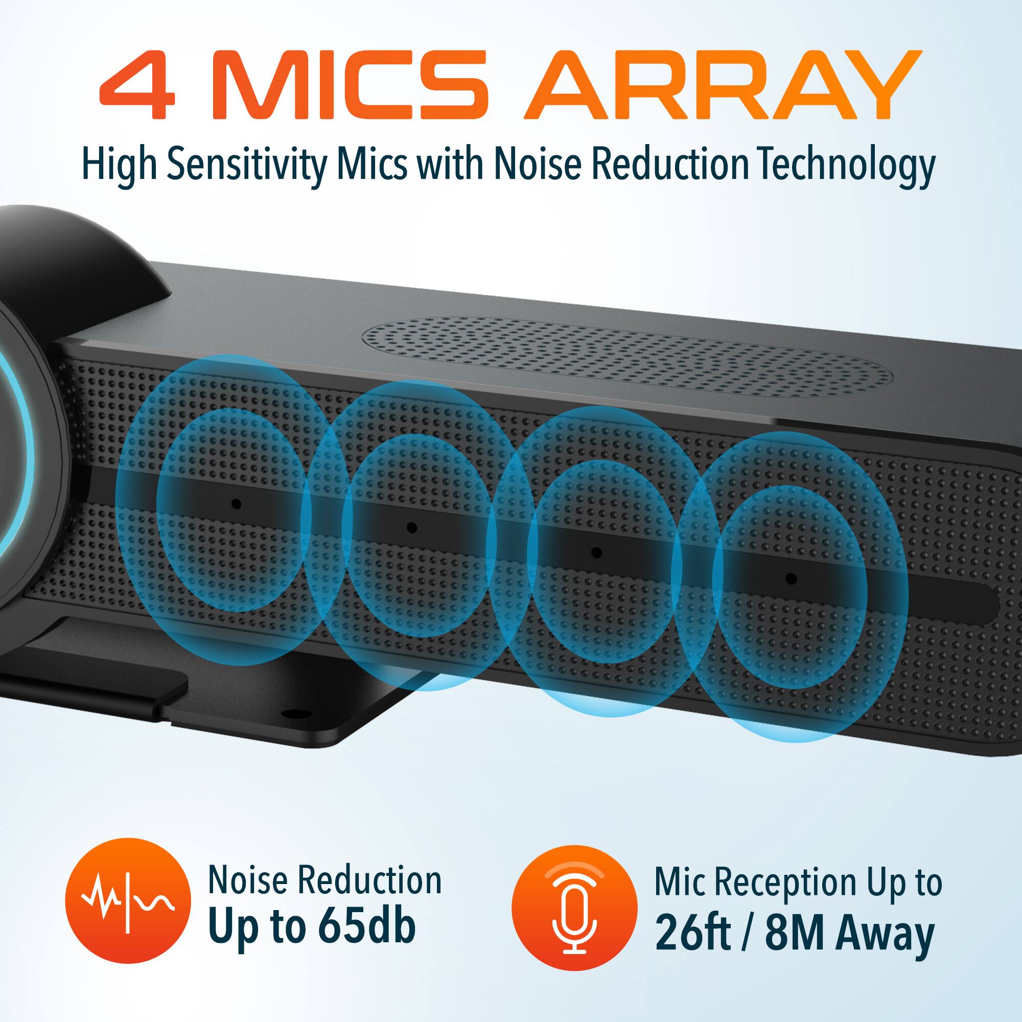 4 MICS ARRAY, High Sensitivity Mics with Noise Reduction Technology, Noise Reduction Up to 65db, Mic Reception Up to 26ft / 8M Away