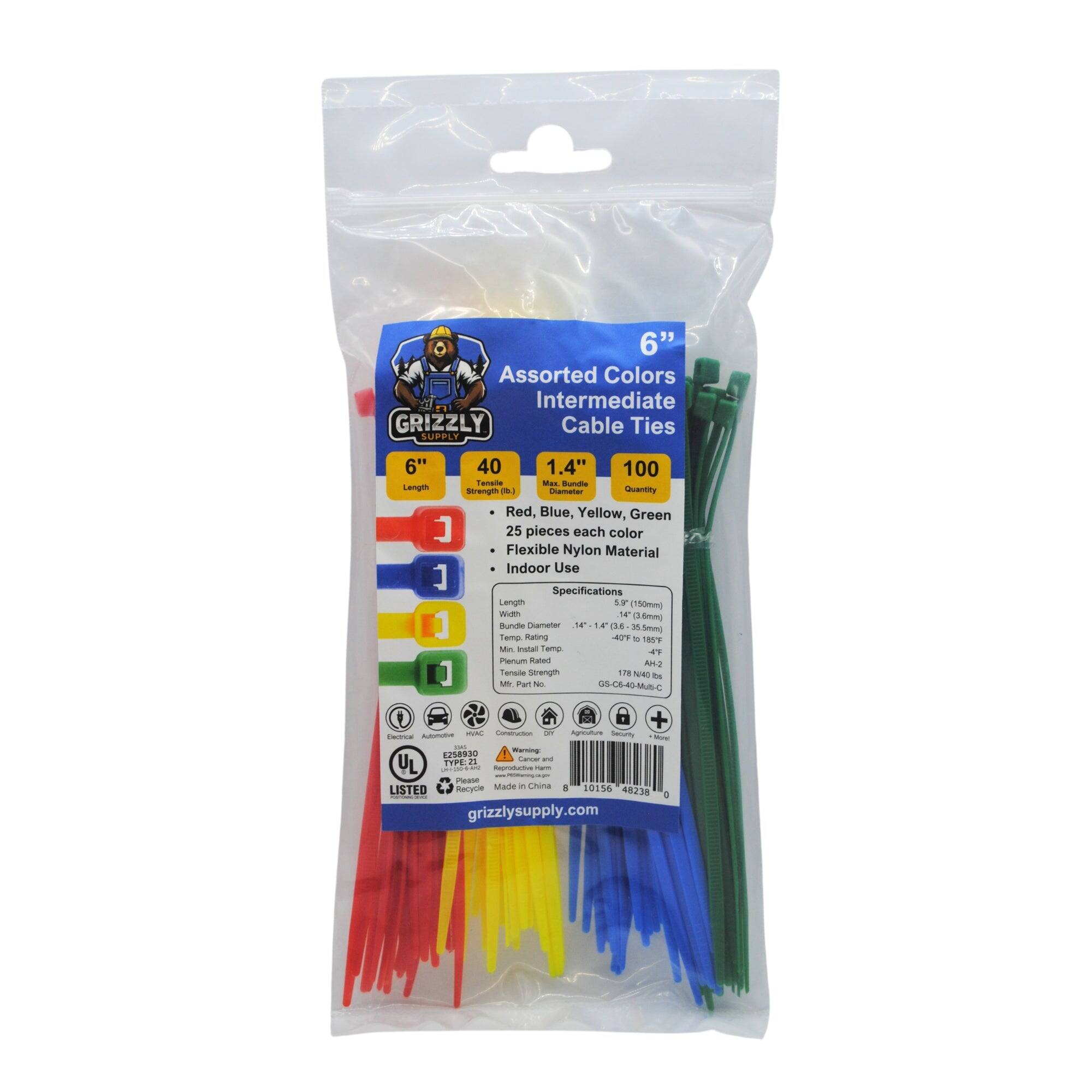 6" Assorted Colors Intermediate GRIZZLY Cable Ties SUPPLY 6" 40 1.4" 100 Tamaila Mus - Length - (150mm) WVtn A8 (6mn) Aun namaner 1a LE 1hs Smoc Temp Rarting AT - 18Y Min tuttal Temp  ianum Rated AND nanute Strength N han .e MY ut N 00-C8-404AC I + - - - -  TYPE 2 O - - - - a Recye Marte - China 8 10156 LISTED 48238  grizzlysupply.com