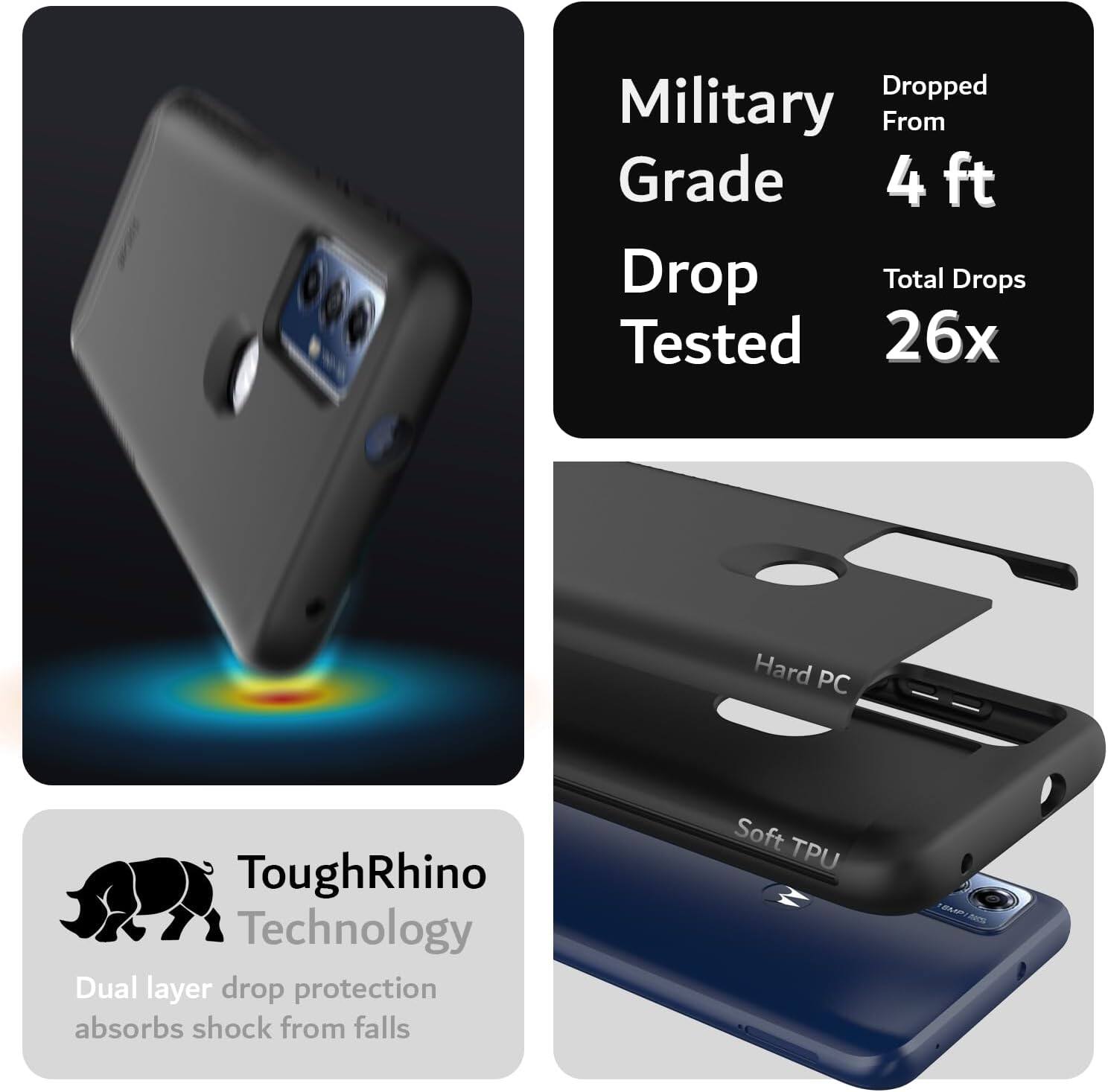 - Military Grade Drop Tested
- Dropped From 4 ft
- Total Drops Tested 26x
- ToughRhino Technology
- Dual layer drop protection absorbs shock from falls
- Hard PC
- Soft TPU