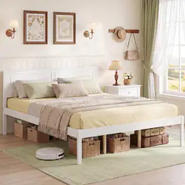 Gymax - Queen Size Bed Frame Farmhouse Wooden Platform Bed w/Headboard Under-Bed Storage - White