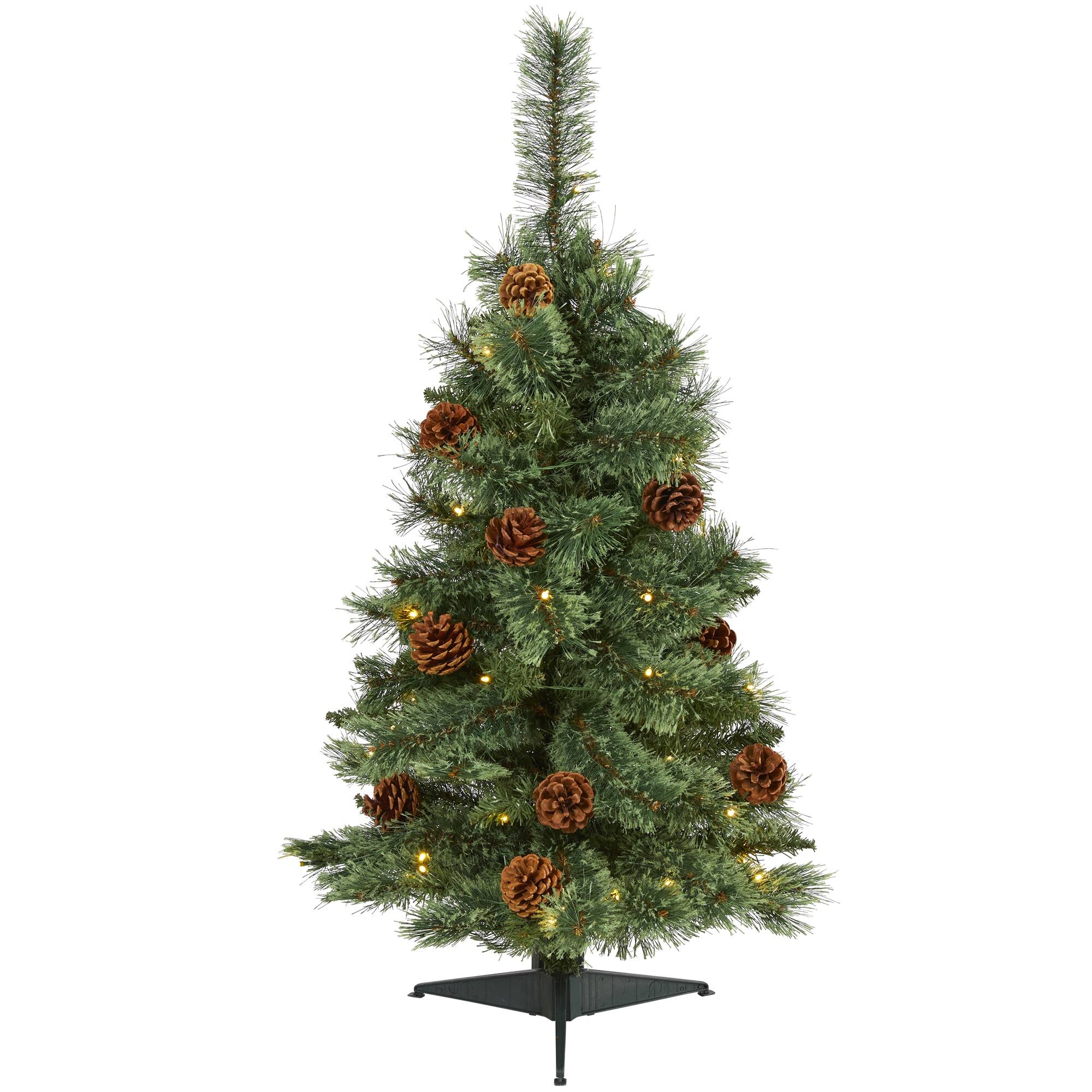 Front. BreeBe - 3’ White Mountain Pine Christmas Tree 50 LEDs & Pine Cones - Brown, Green.