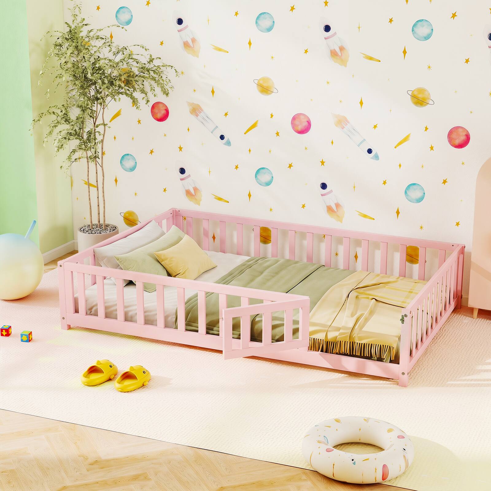 Alt View 6. Gymax - Gymax Full Size Floor Bed Montessori Bed Frame w/Full-length Guardrails & Safety Door - Pink.