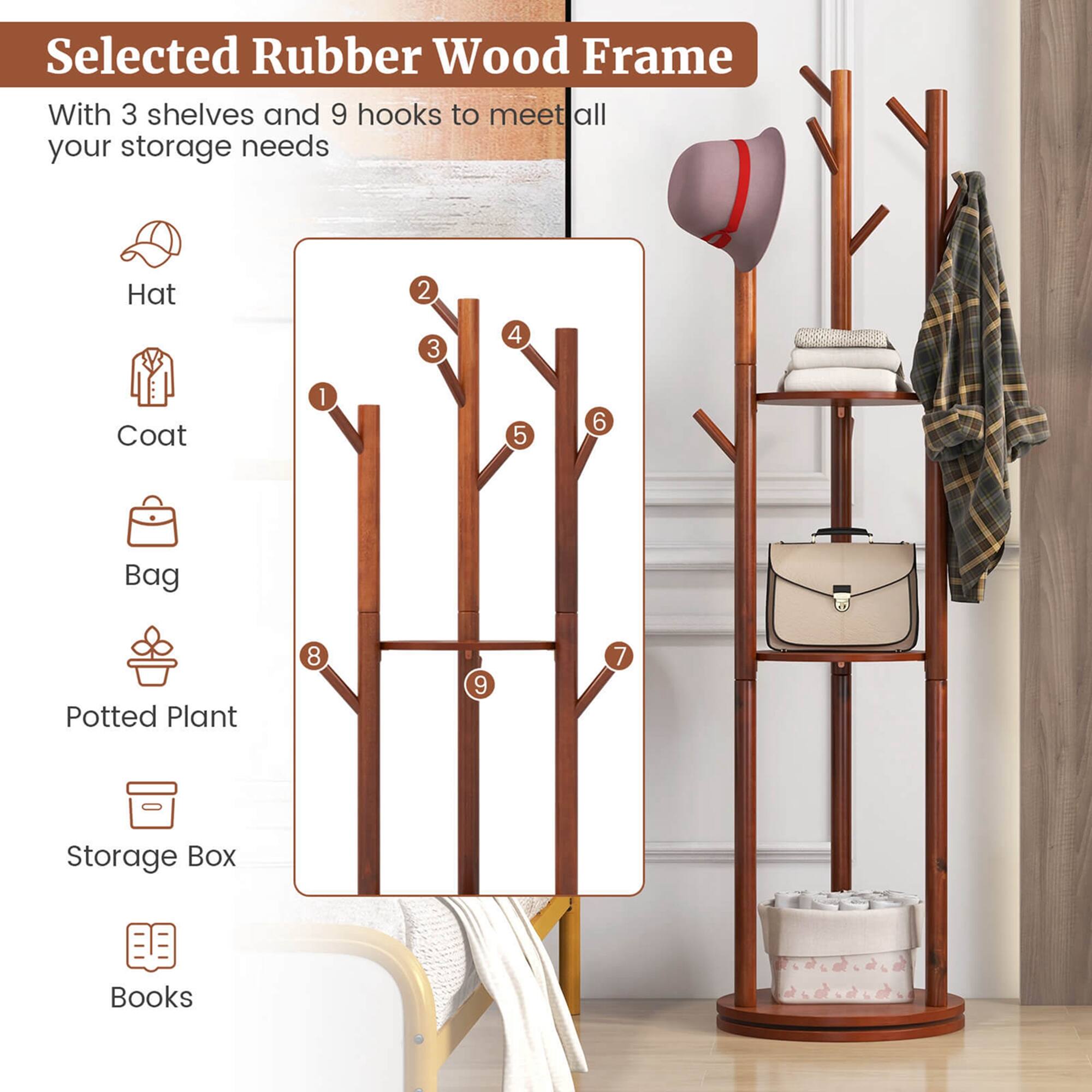 Selected Rubber Wood Frame  
With 3 shelves and 9 hooks to meet all your storage needs  

1. Hat  
2. Coat  
3. Bag  
4. Potted Plant  
5. Storage Box  
6. Books  

1. Hat  
2. Coat  
3. Bag  
4. Potted Plant  
5. Storage Box  
6. Books