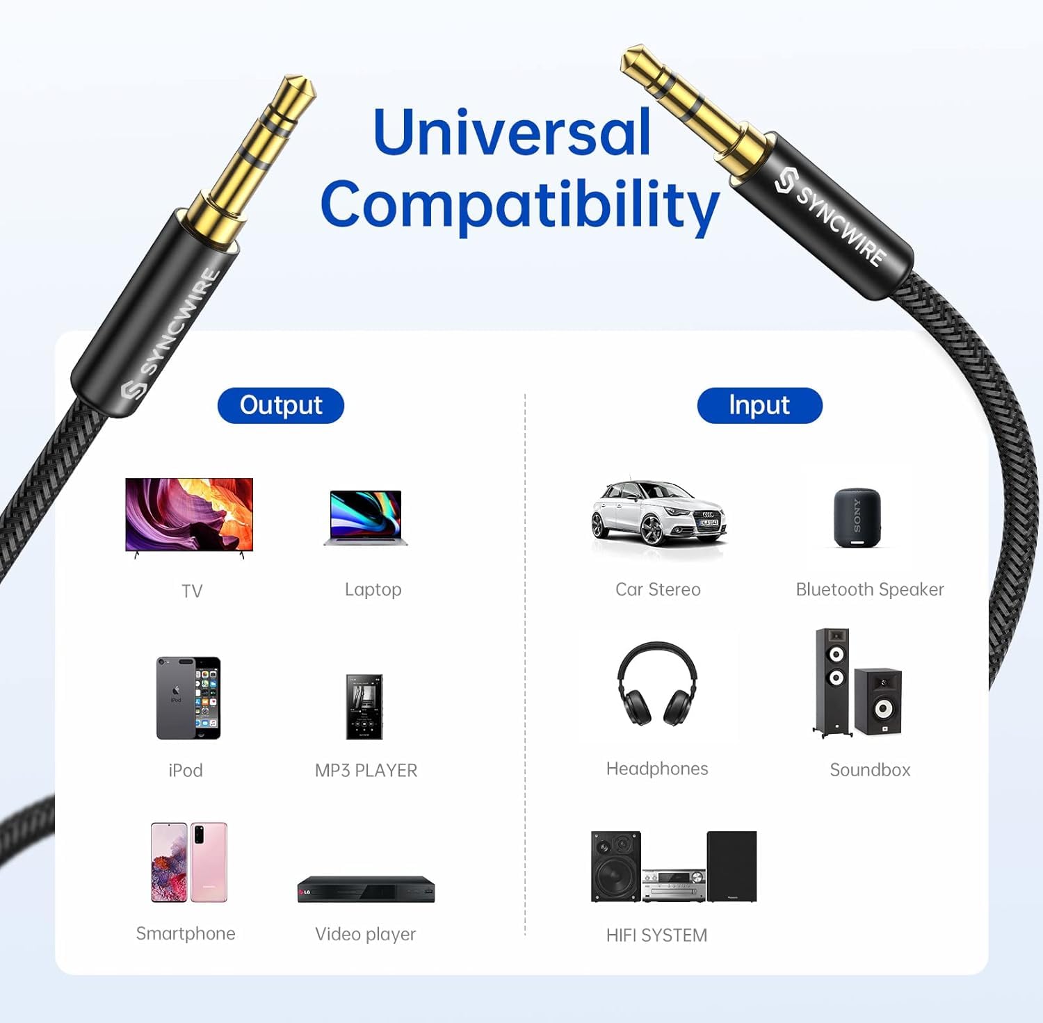 Universal Compatibility

SYNCWIRE

Output
- TV
- Laptop
- iPod
- MP3 PLAYER
- Smartphone
- Video player

Input
- Car Stereo
- Bluetooth Speaker
- Headphones
- Soundbox
- HIFI SYSTEM