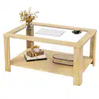 An Asian-inspired coffee table with a glass top.