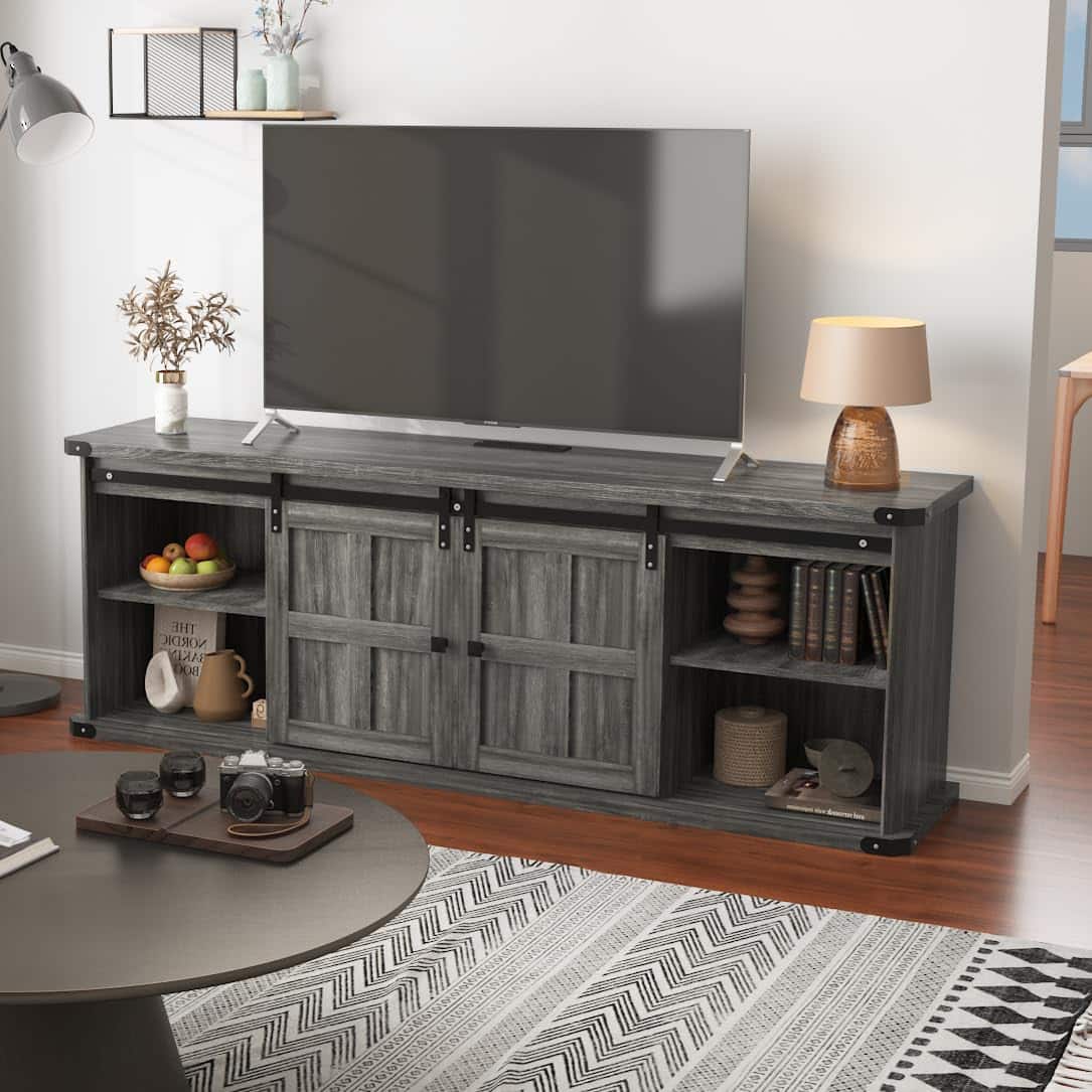 Qeetex - 70" Farmhouse TV Stand for 75" TVs, Sliding Barn Door Entertainment Center with Cabinets & Open Storage - Dark Gray