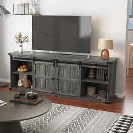 Qeetex - 70" Farmhouse TV Stand for 75" TVs, Sliding Barn Door Entertainment Center with Cabinets & Open Storage - Dark Gray