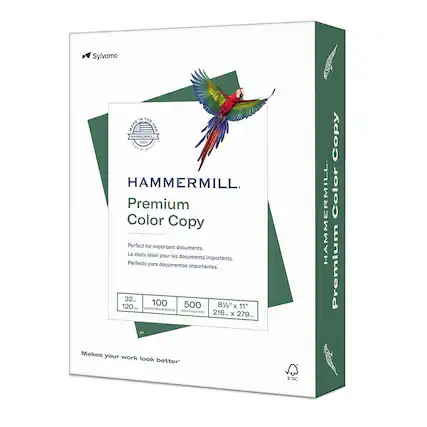 Sylvamo
HAMMERMILL
Premium Color Copy
Perfect for important documents.
Le choix idéal pour les documents importants.
Perfecto para documentos importantes.
32 120 100 500
8½" x 11" - 216 x 279 mm
Makes your work look better
HAMMERMILL
Premium Color Copy
FSC