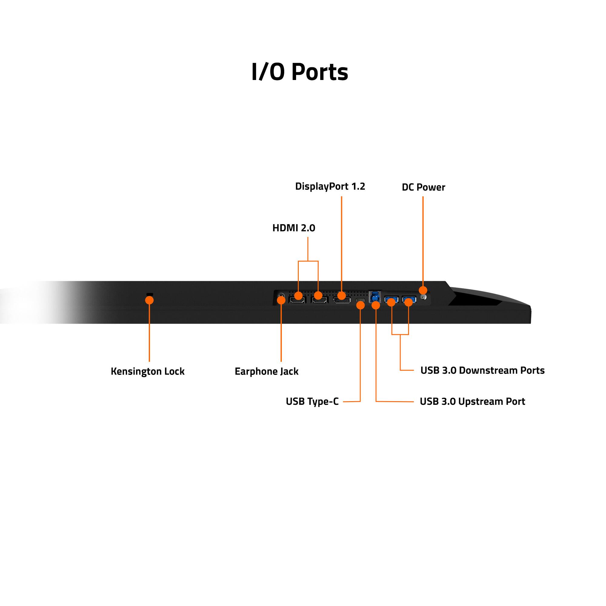 I/O Ports  
- DisplayPort 1.2  
- DC Power  
- HDMI 2.0  
- Kensington Lock  
- Earphone Jack  
- USB 3.0 Downstream Ports  
- USB Type-C  
- USB 3.0 Upstream Port