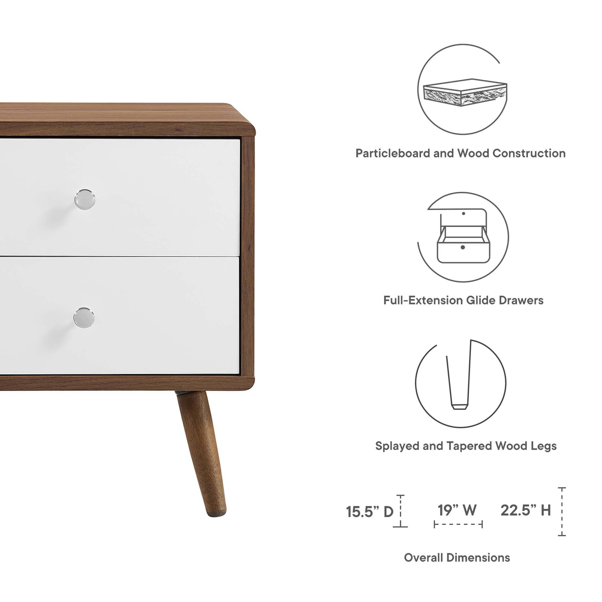Particleboard and Wood Construction  
Full-Extension Glide Drawers  
Splayed and Tapered Wood Legs  

15.5" D  
19" W  
22.5" H  

Overall Dimensions