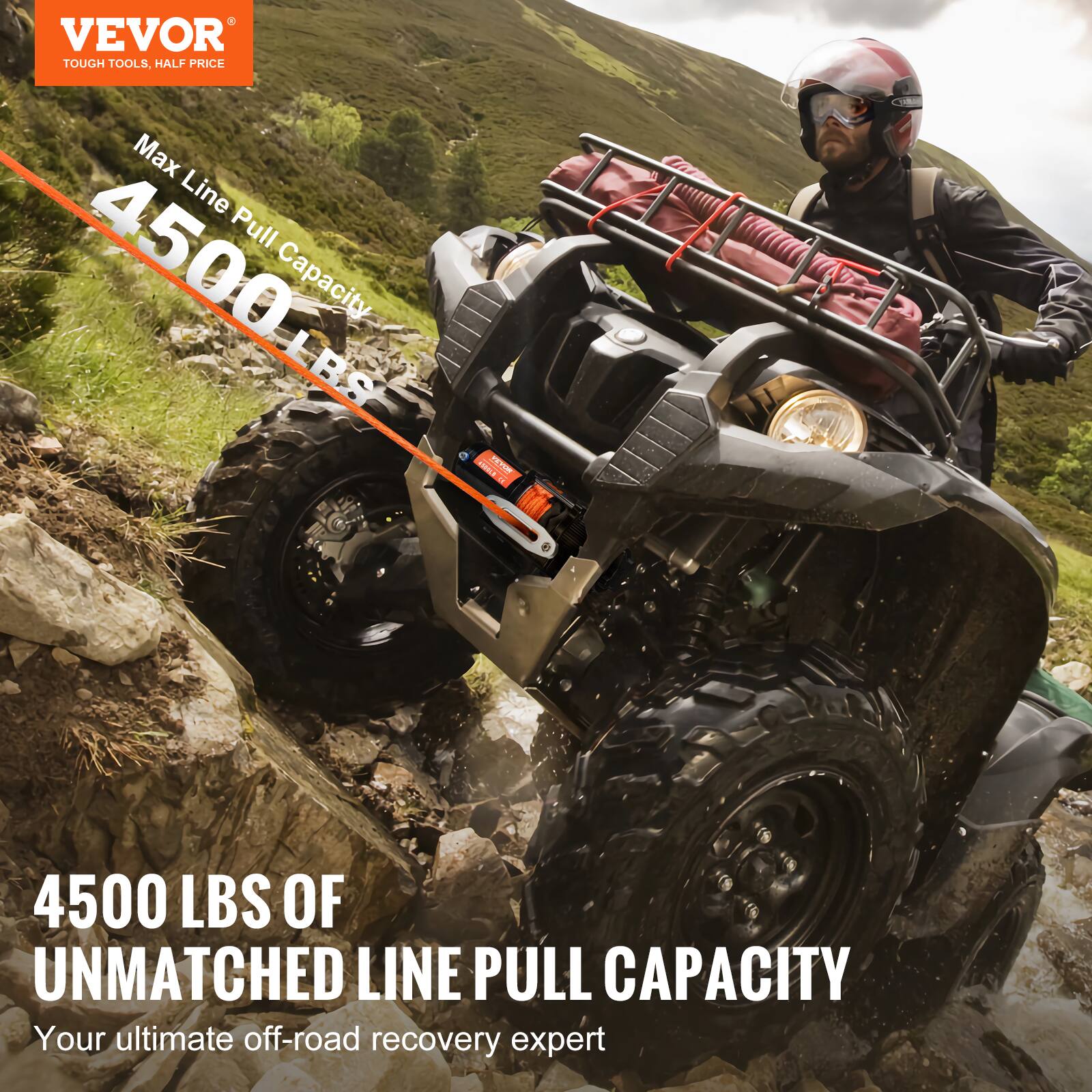 VEVOR  
TOUGH TOOLS, HALF PRICE  

Max Line Pull Capacity  
4500 LBS  

4500 LBS OF UNMATCHED LINE PULL CAPACITY  
Your ultimate off-road recovery expert