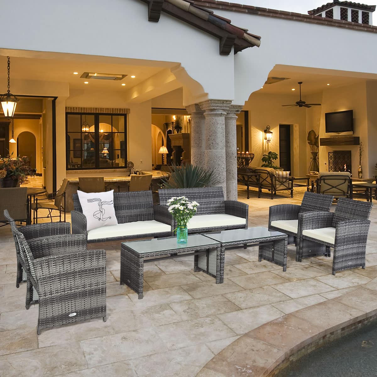 Costway - 8-piece Patio Rattan Sets Glass Top Table & Sofa With Cushion - White
