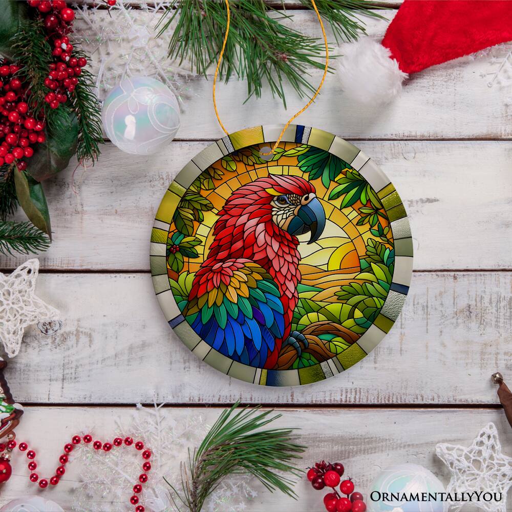 Back. OrnamentallyYou - Feathered Friends Adventure Parrot Stained Glass Style Ceramic Ornament Safari Christmas Gift - Multi-colored.