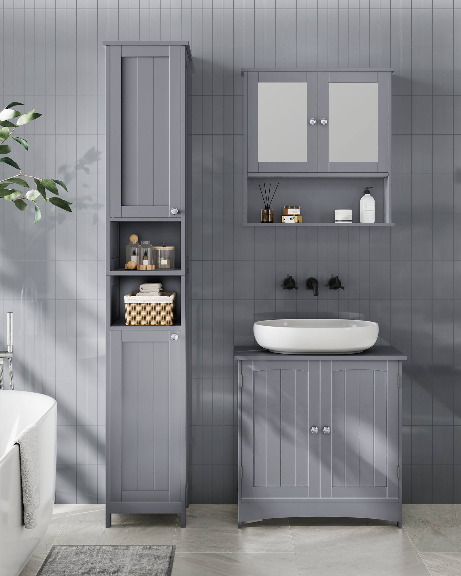 Alt View 4. Songmics Home - Tall Storage Cabinet with Lights, Slim Freestanding Cabinet with Adjustable Shelves, 11.8 Inches Wide - Dove Gray.