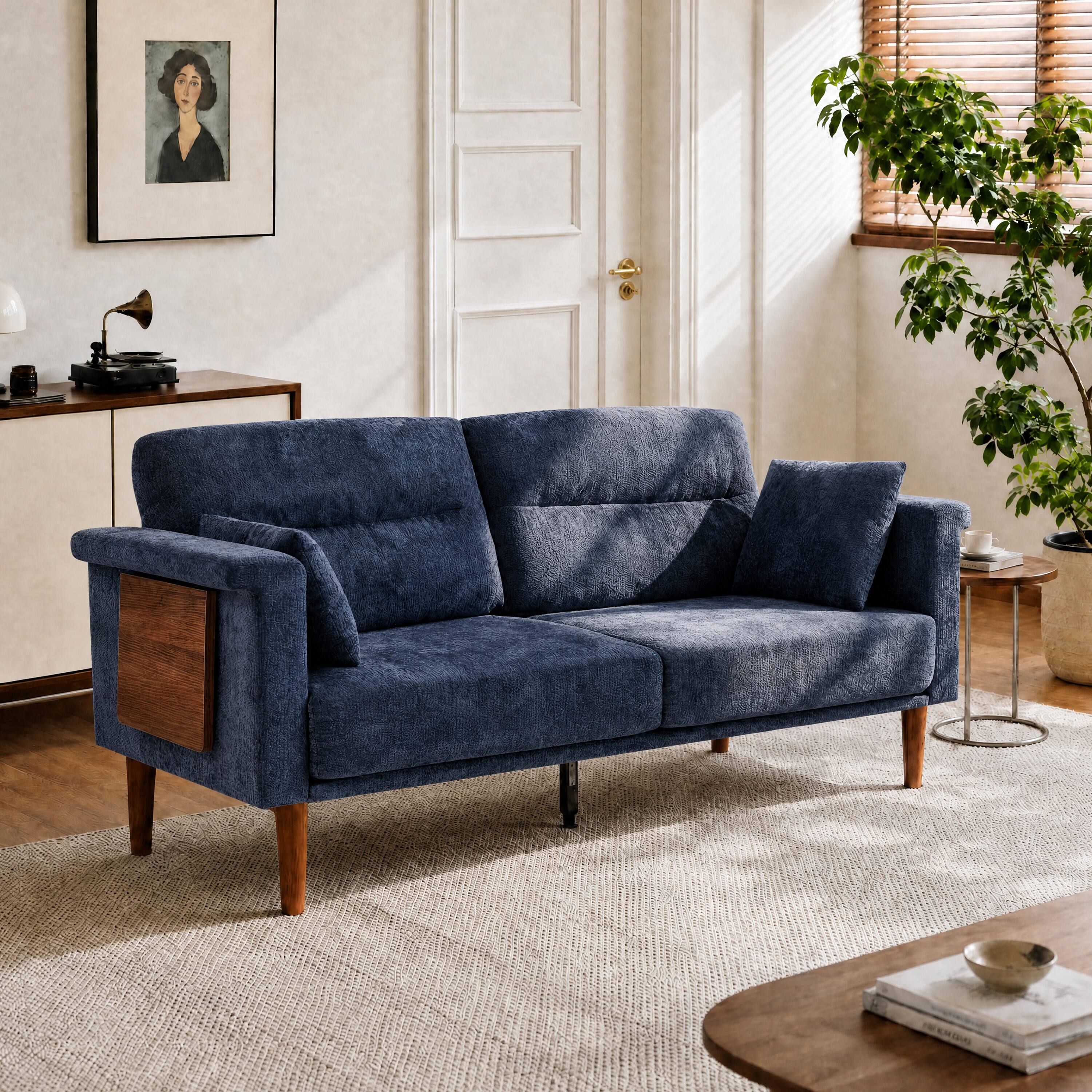 Angle. Vipbear - 69" Loveseat Sofa with Foldable Side Table, Modern Small Couches for Bedroom, Small Spaces, Dorms, Office, Apartment - Blue.