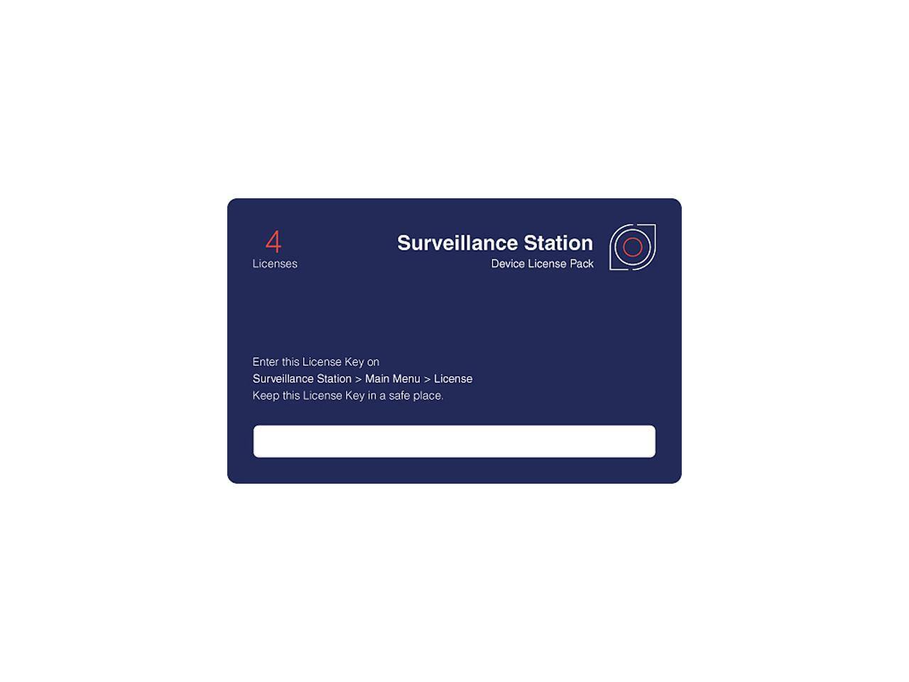 4 Licenses Surveillance Station Device License Pack

Enter this License Key on Surveillance Station > Main Menu > License

Keep this License Key in a safe place.
