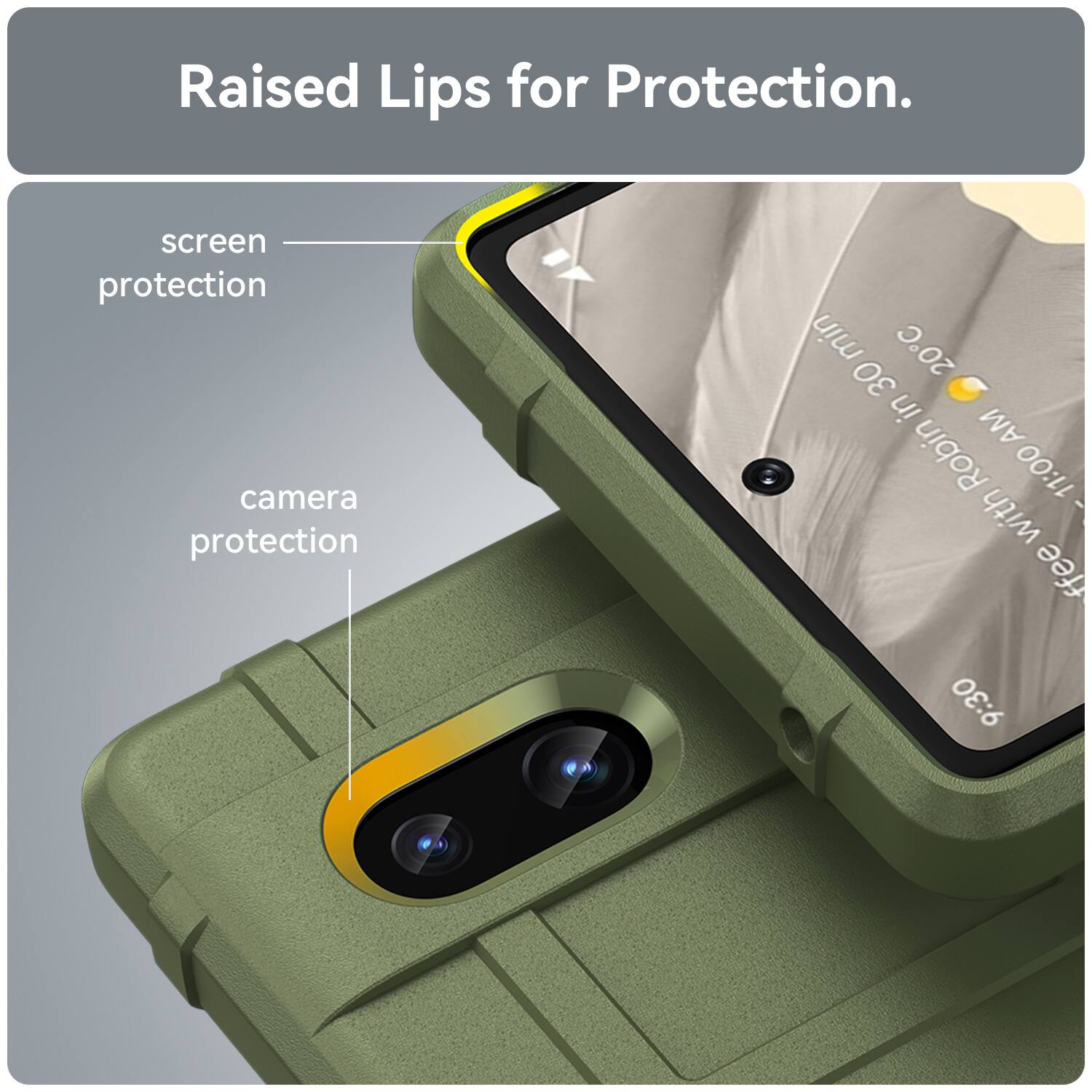 Raised Lips for Protection.  
screen protection  
camera protection  

min 20C  
30 in AM  
Robin 11:00  
ffee 9:30