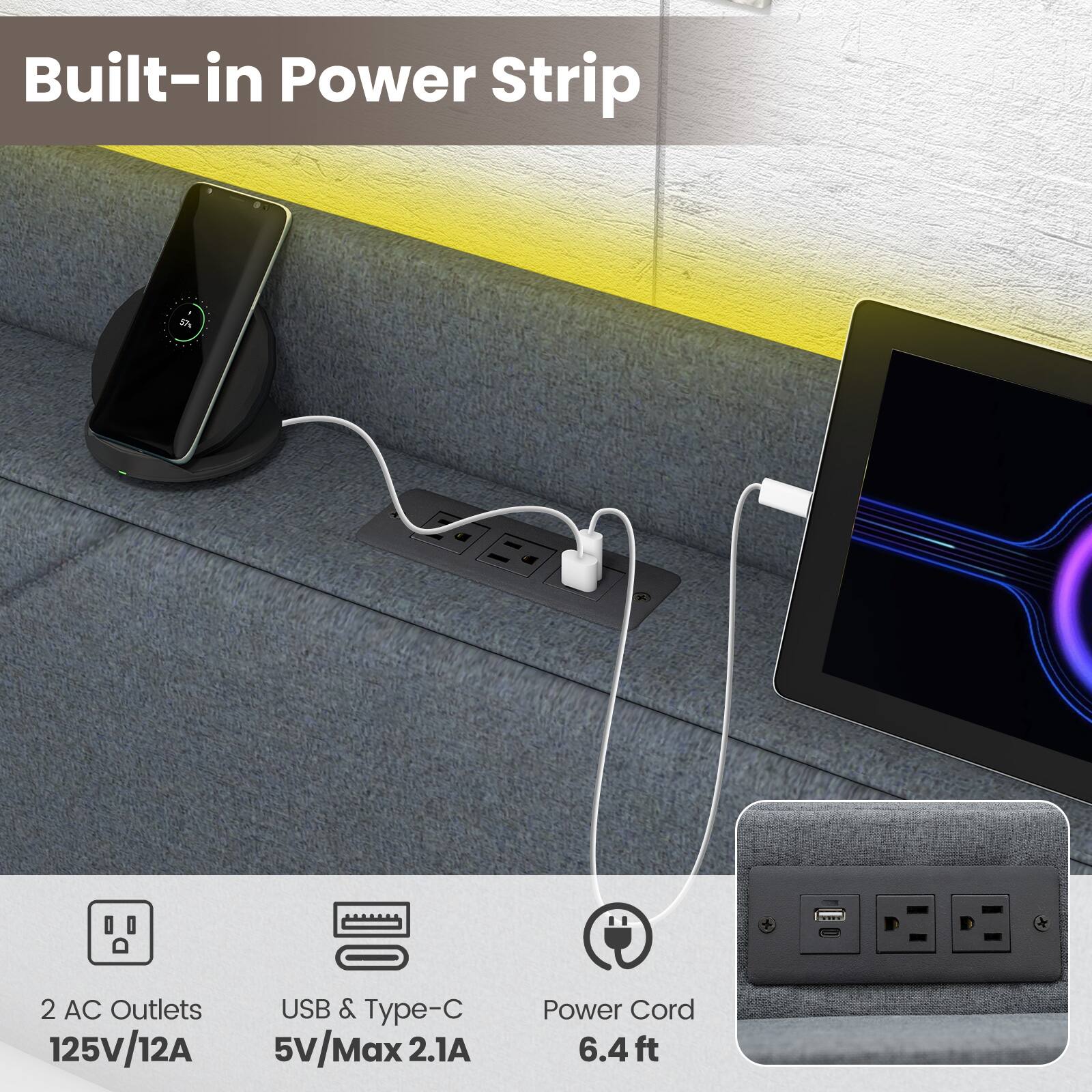 Built-in Power Strip, 2 AC Outlets 125V/12A, USB & Type-C 5V/Max 2.1A, Power Cord 6.4 ft