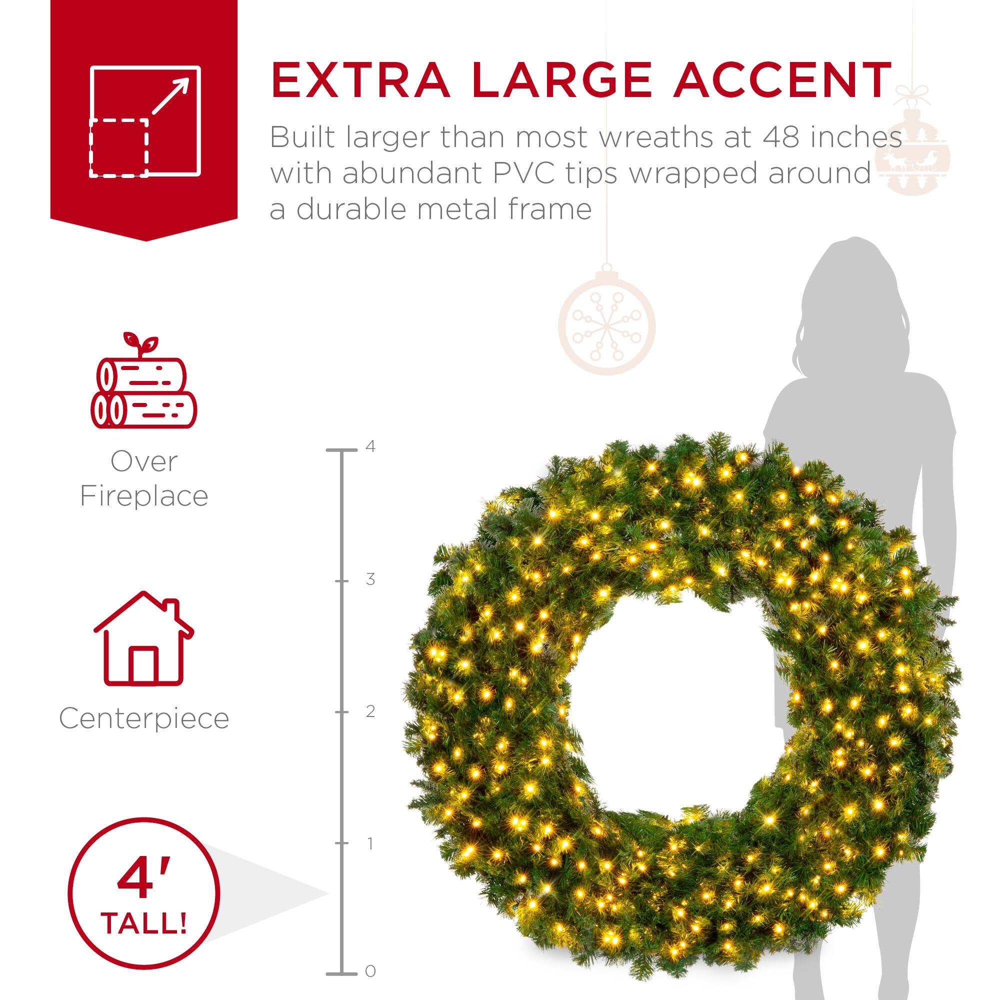 EXTRA LARGE ACCENT  
Built larger than most wreaths at 48 inches with abundant PVC tips wrapped around a durable metal frame  

Over Fireplace  
Centerpiece  

4' TALL!