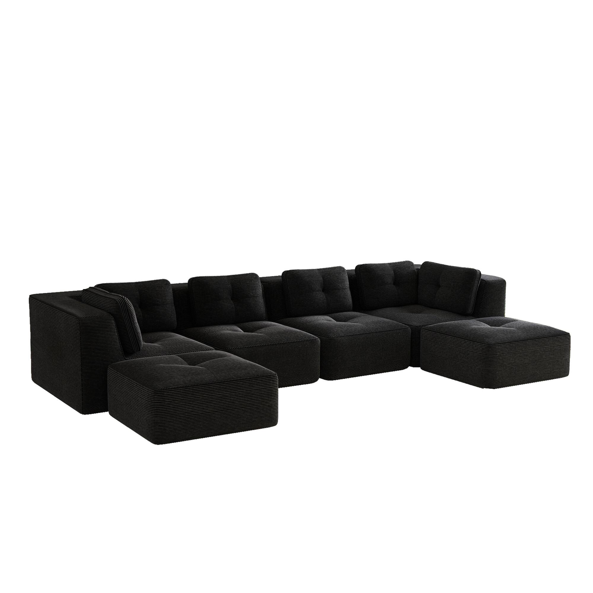 Back. LOVMOR - 4 Seater Corduroy Sectional Couch U Shaped Modular Deep Seat Storage Ottoman No Assembly Tufted For Soft TV XL - Black.