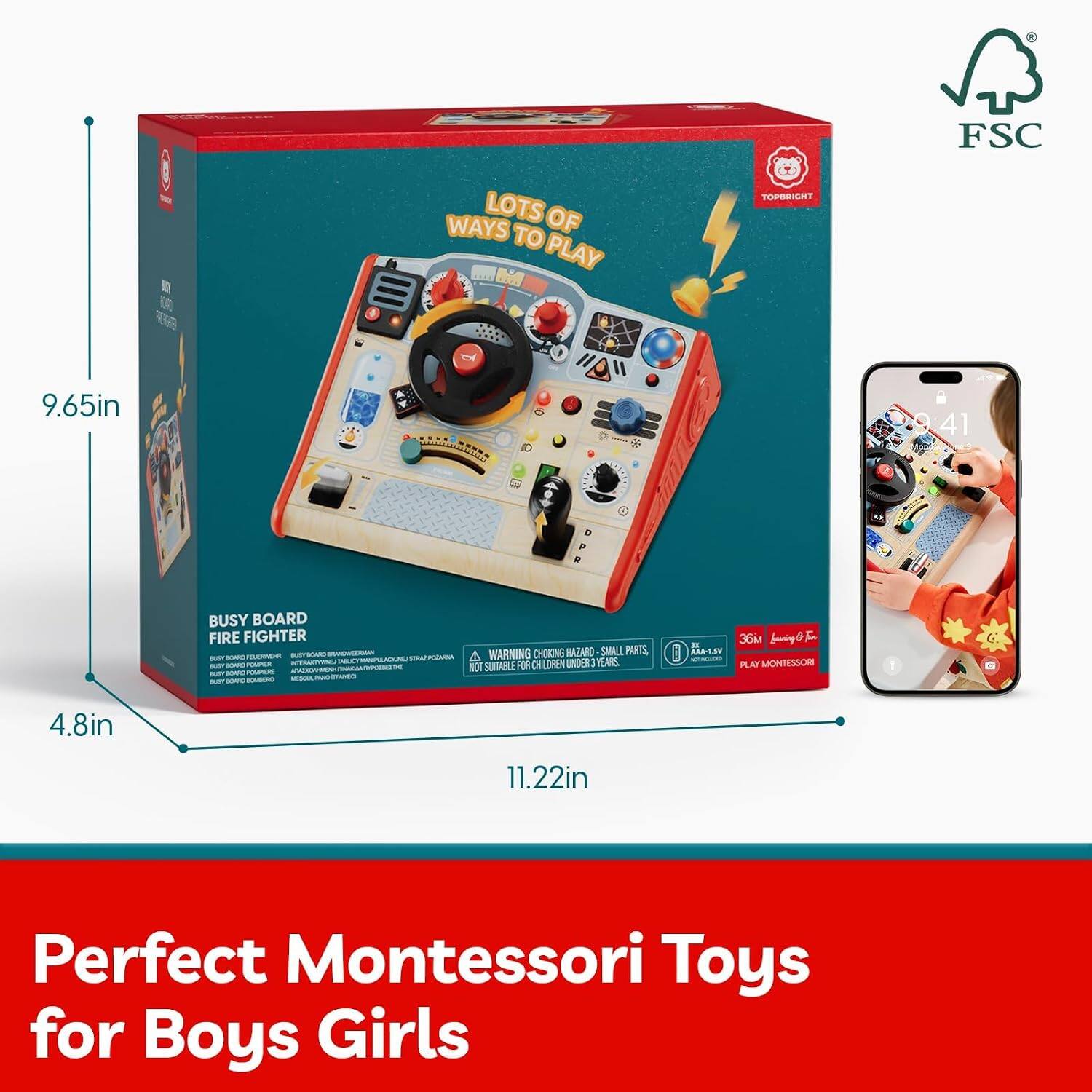 FSC LOTS OF WAYS TO PLAY - M TOPRIGHT 9.65in x 4.8in x 11.22in BUSY BOARD FIRE FIGHTER - WARNING: CHOKING HAZARD - SMALL PARTS, NOT SUITABLE FOR CHILDREN UNDER 3 YEARS - BAA-L.TV 36M - PLAY MONTESSORI Perfect Montessori Toys for Boys Girls