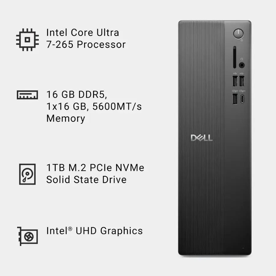 Intel Core Ultra 7-265 Processor - 16 GB DDR5, 1x16 GB, 5600MT/s S Memory, 1TB M.2 PCle NVMe Solid State Drive, Intel UHD Graphics.