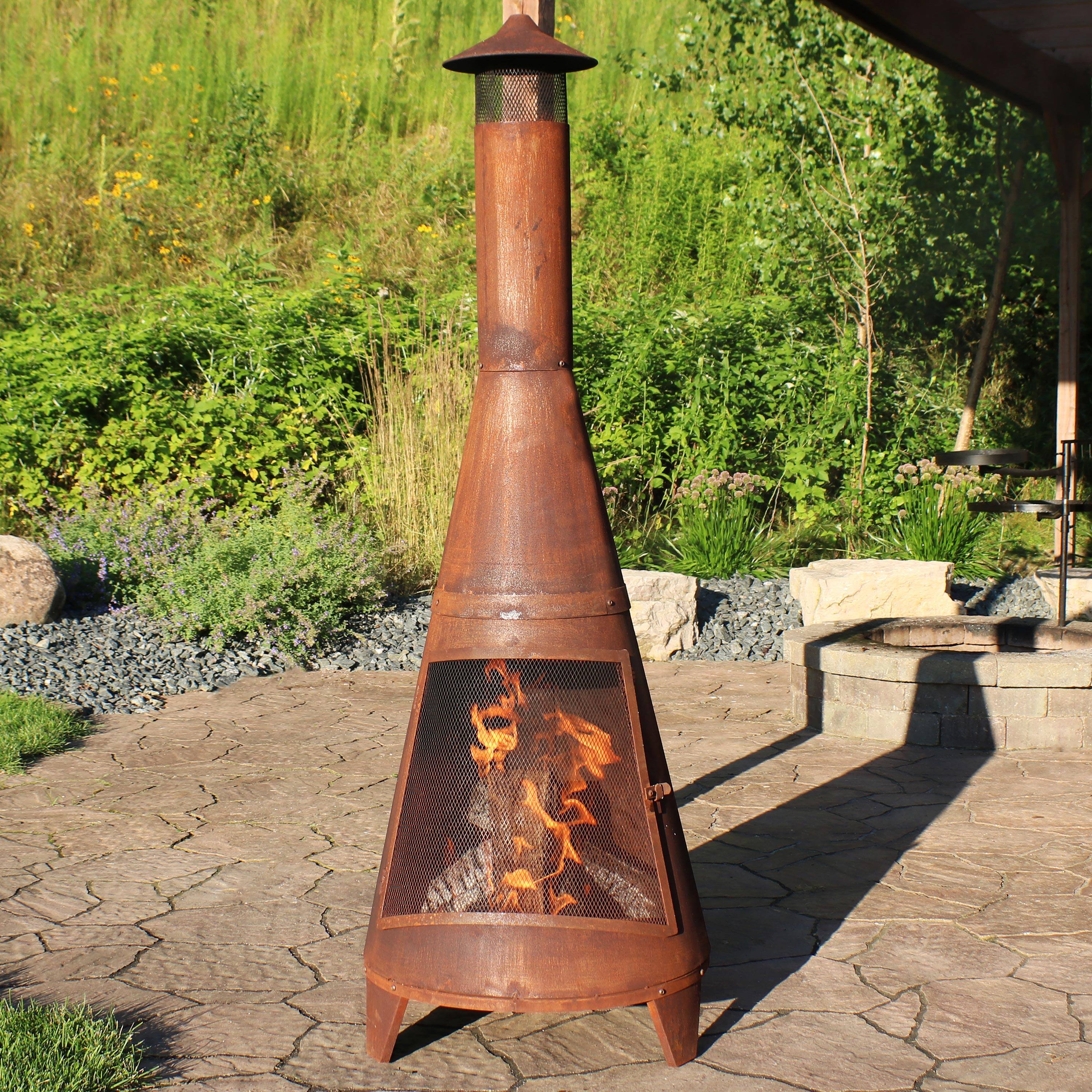 Alt View 8. Sunnydaze - 70 in Steel Wood Burning Chiminea Fire Pit with Rain Cap - Rustic - Dark Orange.
