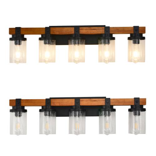 Alt View 4. LUCKY ONE - 5-Light Matte Black Wood Wall Lamp, Glass Shade Sconce for Bathroom or Bedroom Wall Mount - Matte Black,Wood.