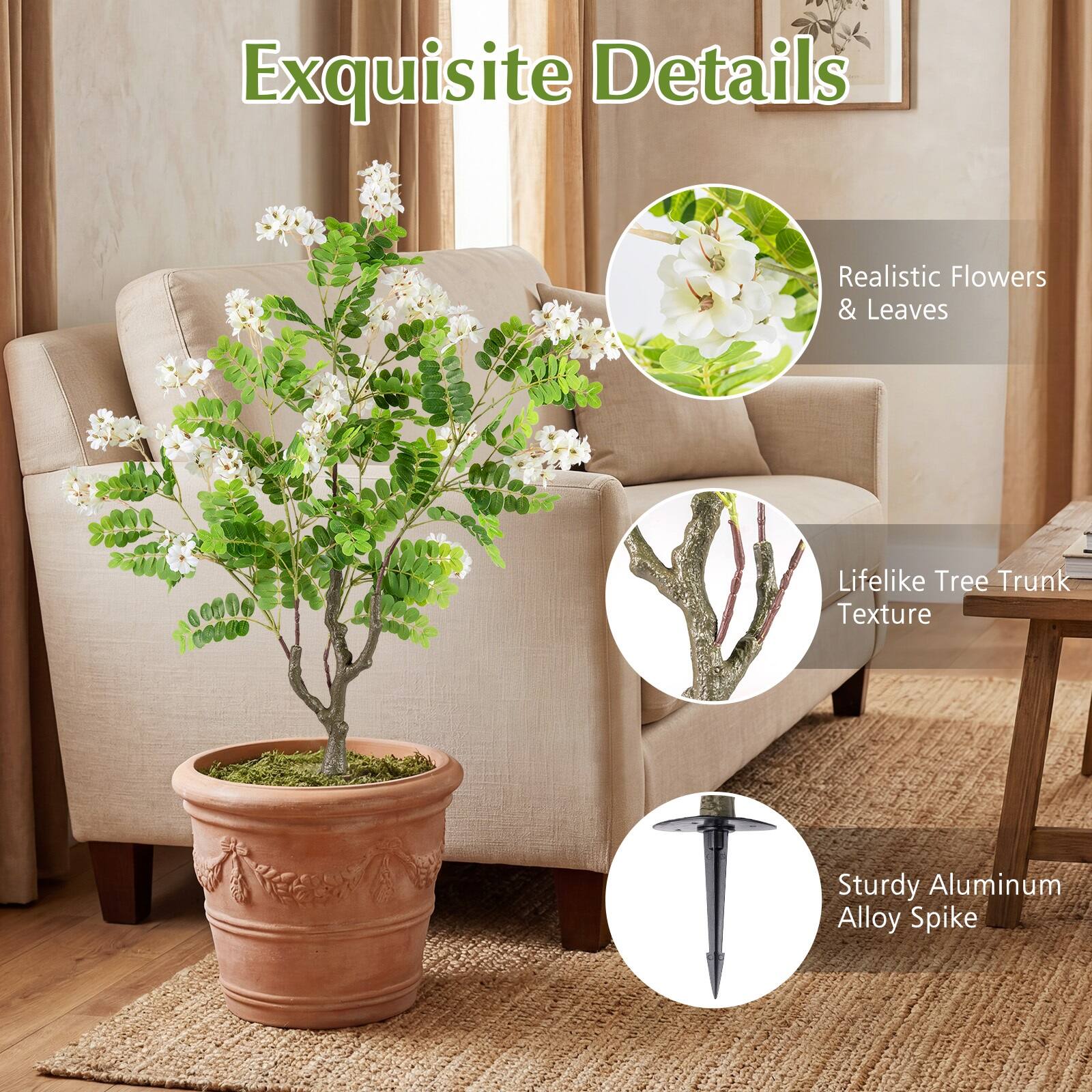 Exquisite Details

- Realistic Flowers & Leaves
- Lifelike Tree Trunk Texture
- Sturdy Aluminum Alloy Spike