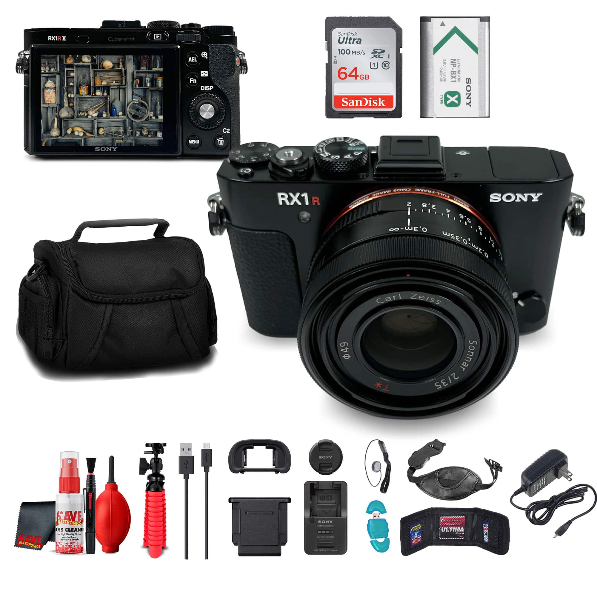 Sony - RX1R II Compact Digital Camera Bundle + 64GB Card + Case + Tripod + Strap + Cleaning Kit + More