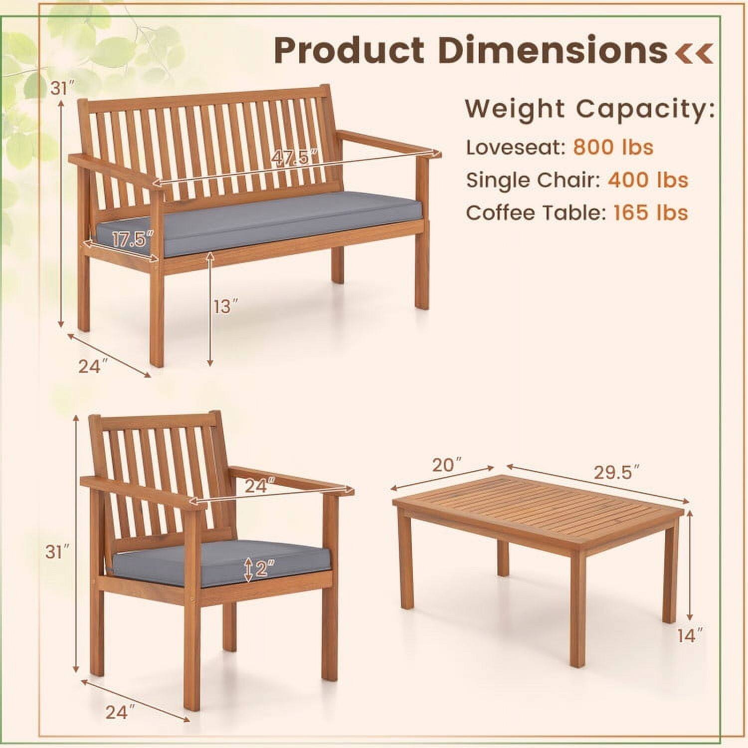 Product Dimensions:  
- Loveseat: 31" x 47.5" x 17.5"  
- Single Chair: 31" x 24" x 12"  
- Coffee Table: 29.5" x 20" x 14"  

Weight Capacity:  
- Loveseat: 800 lbs  
- Single Chair: 400 lbs  
- Coffee Table: 165 lbs