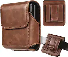 Front. TJS - PU Leather Pouch for Galaxy Z Flip 7/6, Moto Razr/Ultra/Plus 2026/2025/2024, Magnetic Closure Flap w/ Belt Clip (Brown) - Brown.