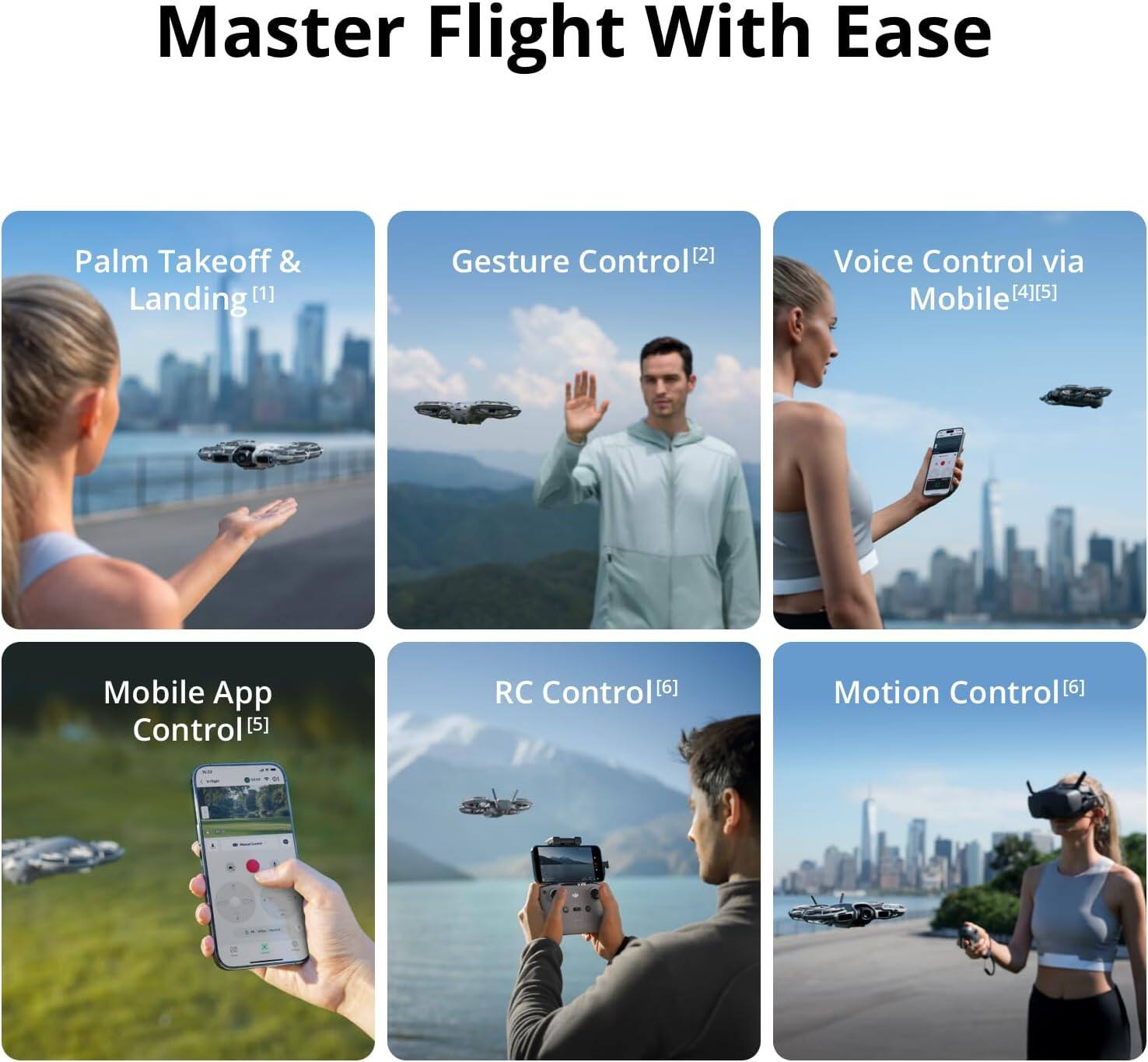 Master Flight With Ease

1. Palm Takeoff & Landing
2. Gesture Control
3. Voice Control via Mobile
4. Mobile App Control
5. RC Control
6. Motion Control