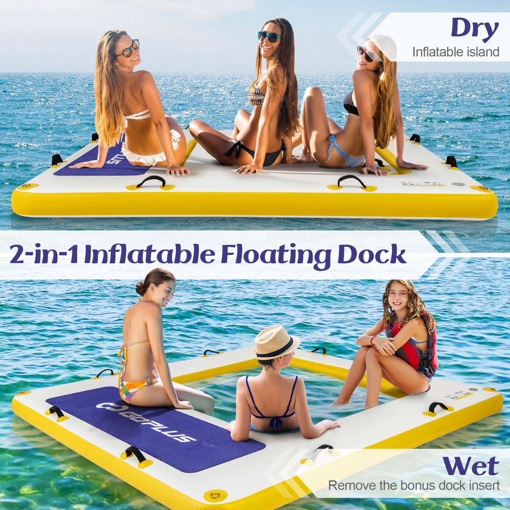 Dry Inflatable island, US 2-in-1 Inflatable Floating Dock, Wet Remove the bonus dock insert