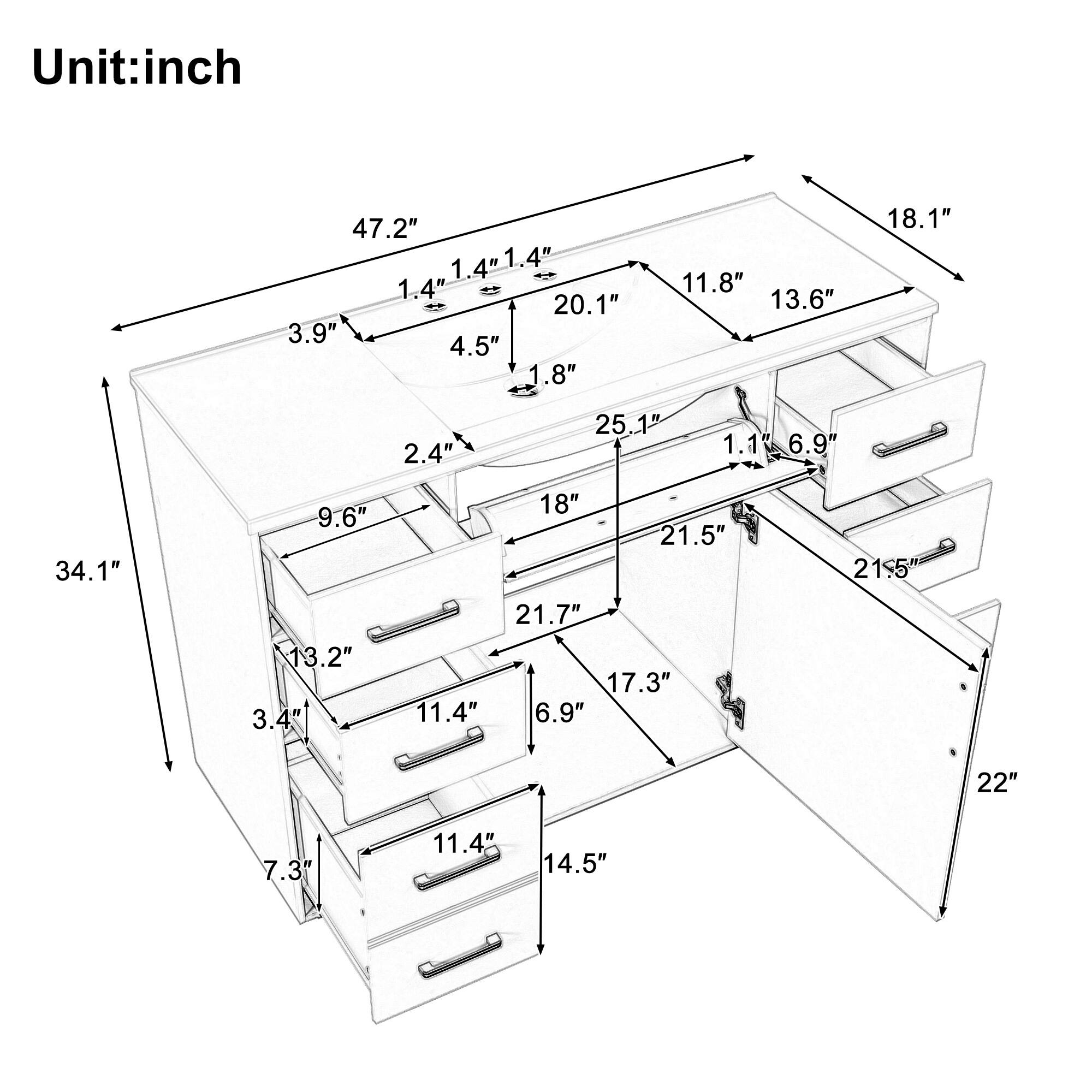 Unit: inch

47.2" 1.4" 1.4" 1.4" 20.1" 3.9" 4.5" 1.8"
11.8" 13.6"
18.1"
2.4"
25.1"
1.1" 6.9"
34.1"
9.6"
18"
21.5" 21.5"
13.2" 3.4"
21.7" 17.3" 11.4" 6.9"
22" 7.3" 11.4" 14.5"