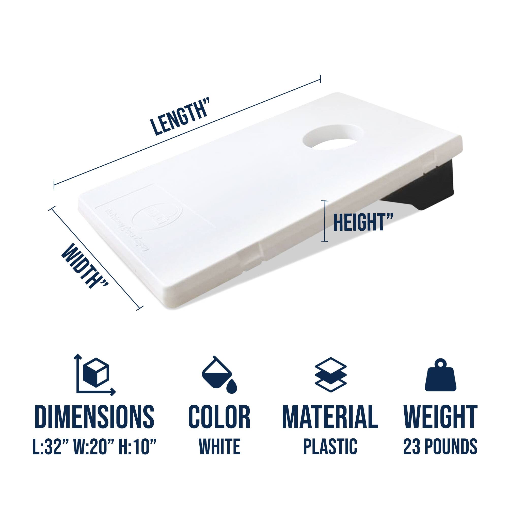 LENGTH" WIDTH" HEIGHT" DIMENSIONS COLOR MATERIAL WEIGHT  
L:32" W:20" H:10" WHITE PLASTIC 23 POUNDS