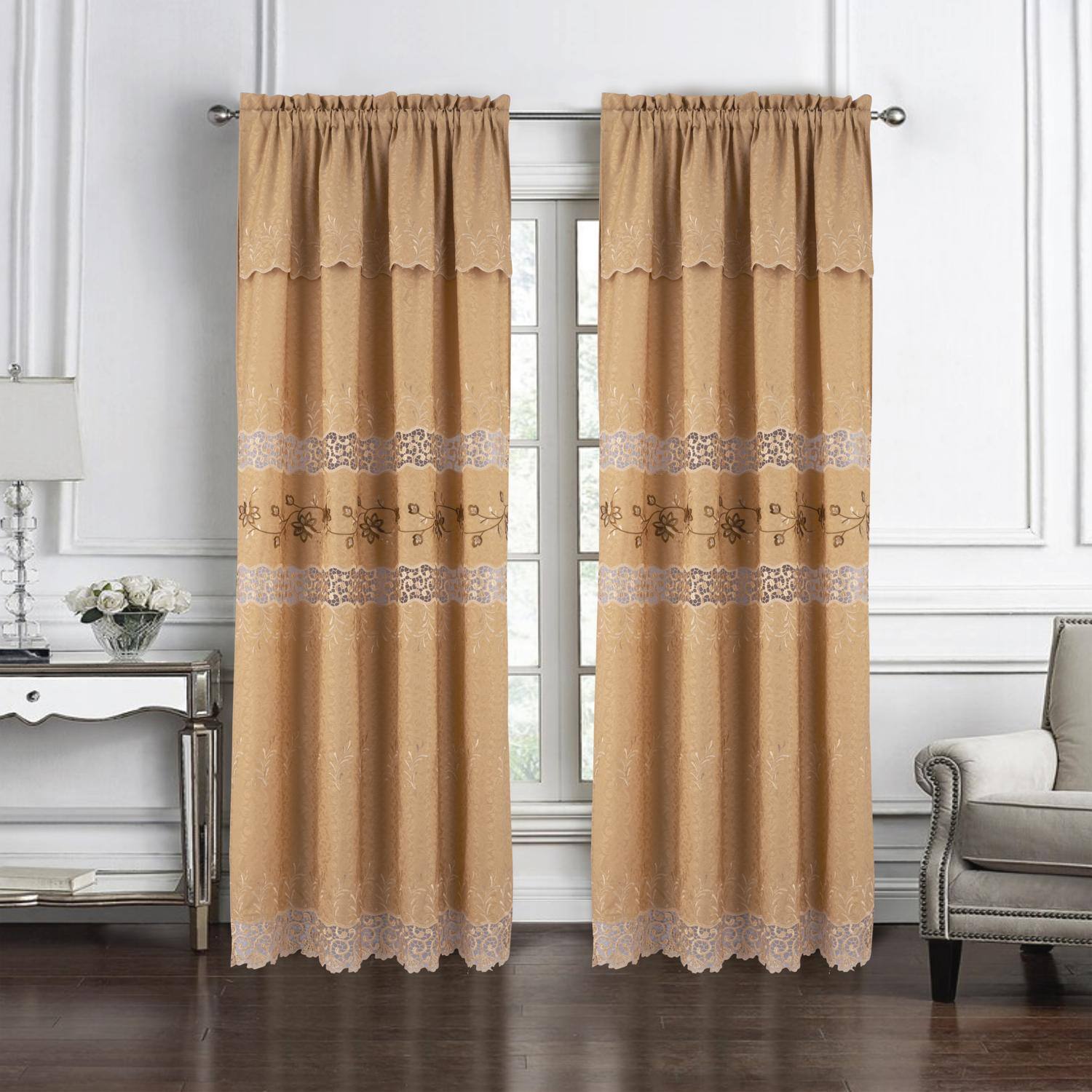 Angle. RT Designers Collection - RT Designer Collection Antonia Macrame Luxurious Decorative Rod Pocket Curtain Panel 54" x 84" Gold - Gold.
