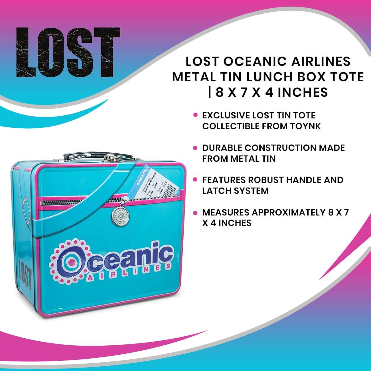 LOST OCEANIC AIRLINES METAL TIN LUNCH BOX TOTE | 8 X 7 X 4 INCHES

- EXCLUSIVE LOST TIN TOTE COLLECTIBLE FROM TOYNK
- DURABLE CONSTRUCTION MADE FROM METAL TIN
- FEATURES ROBUST HANDLE AND LATCH SYSTEM
- MEASURES APPROXIMATELY 8 X 7 X 4 INCHES