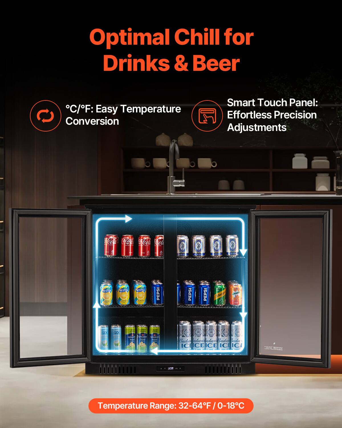Optimal Chill for Drinks & Beer

°C/°F: Easy Temperature Conversion

Smart Touch Panel: Effortless Precision Adjustments

Temperature Range: 32-64°F / 0-18°C