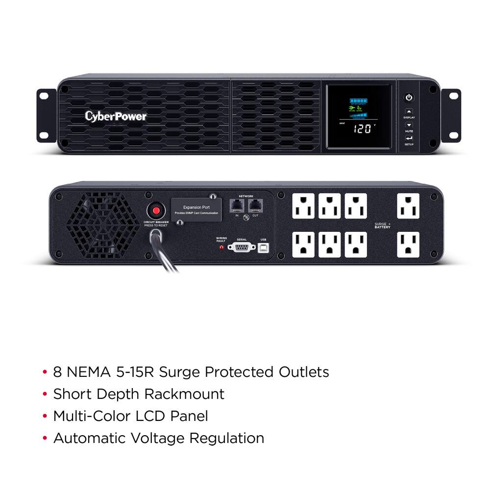 CyberPower 120 - 1 ATWUE Expansion Port PA sa -a - - n SCAON - - .e. SUMDE BATTERY - - C ..... .... 8 NEMA 5-15R Surge Protected Outlets Short Depth Rackmount Multi-Color LCD Panel Automatic Voltage Regulation

- 8 NEMA 5-15R Surge Protected Outlets
- Short Depth Rackmount
- Multi-Color LCD Panel
- Automatic Voltage Regulation