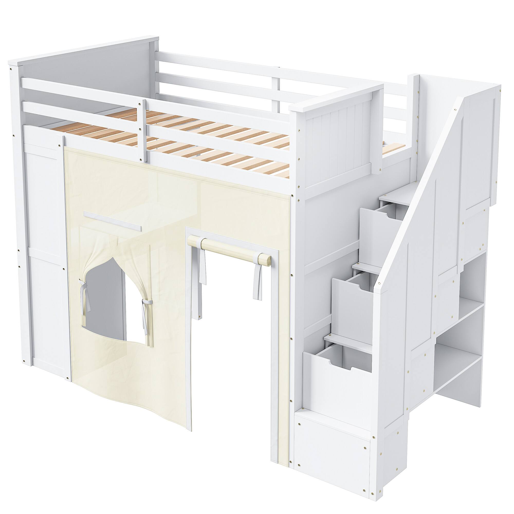 Alt View 1. Whisen - Twin Size Loft Bed with Desk, Storage Staircase, Drawers & Privacy Curtain for Kids Bedroom - White.