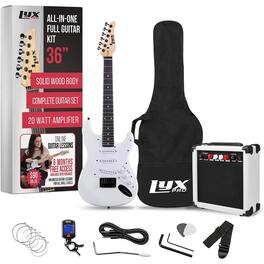 Lyxpro - 36" Electric Guitar Kit Bundle w/ 20W Amp, Tuner, Strings, Picks, Strap & Case - White
