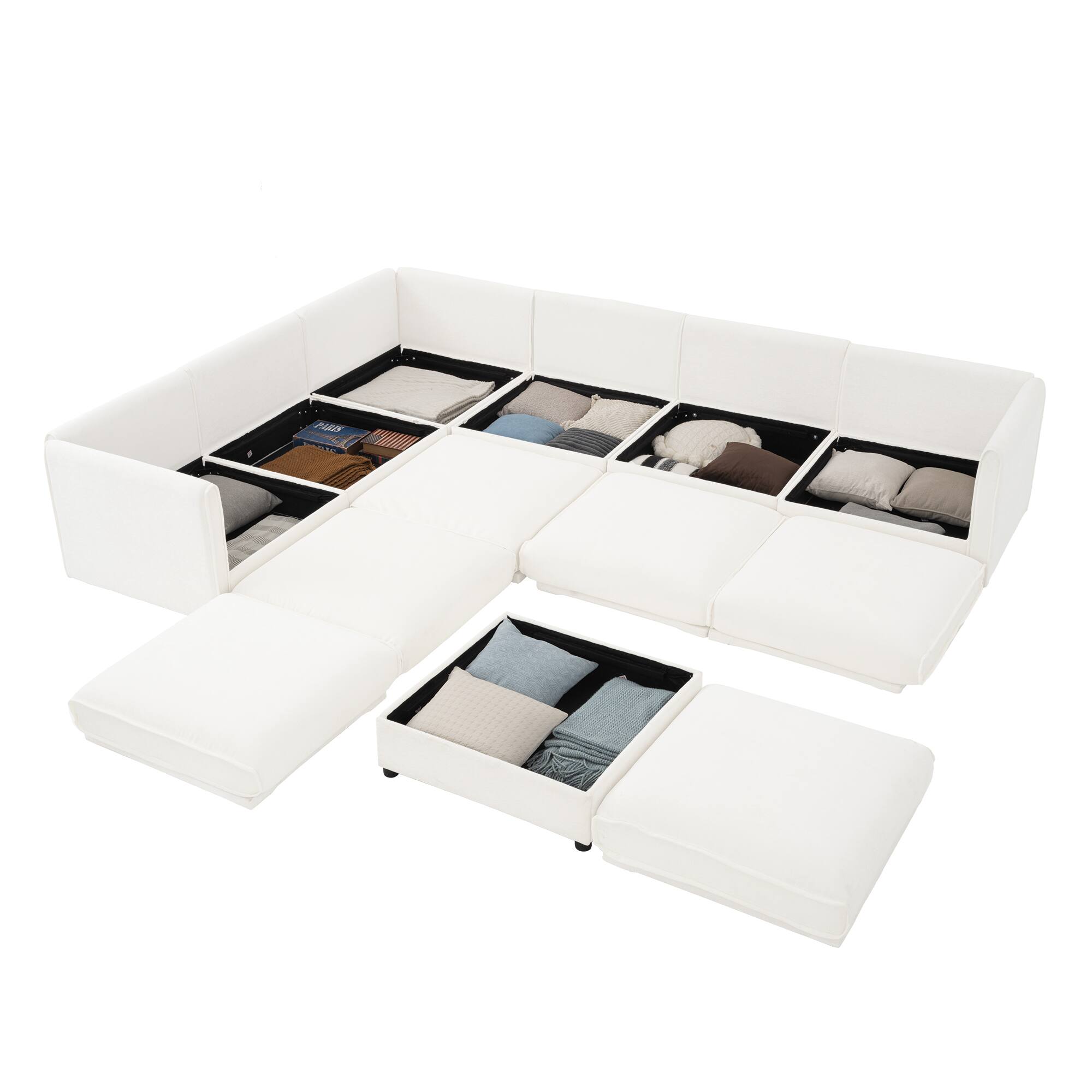 Left. Anysun - 6-Seat Chenille Modular Sectional Sofa with Storage - Cylindrical Backrest & Armrests for Living Room - White.