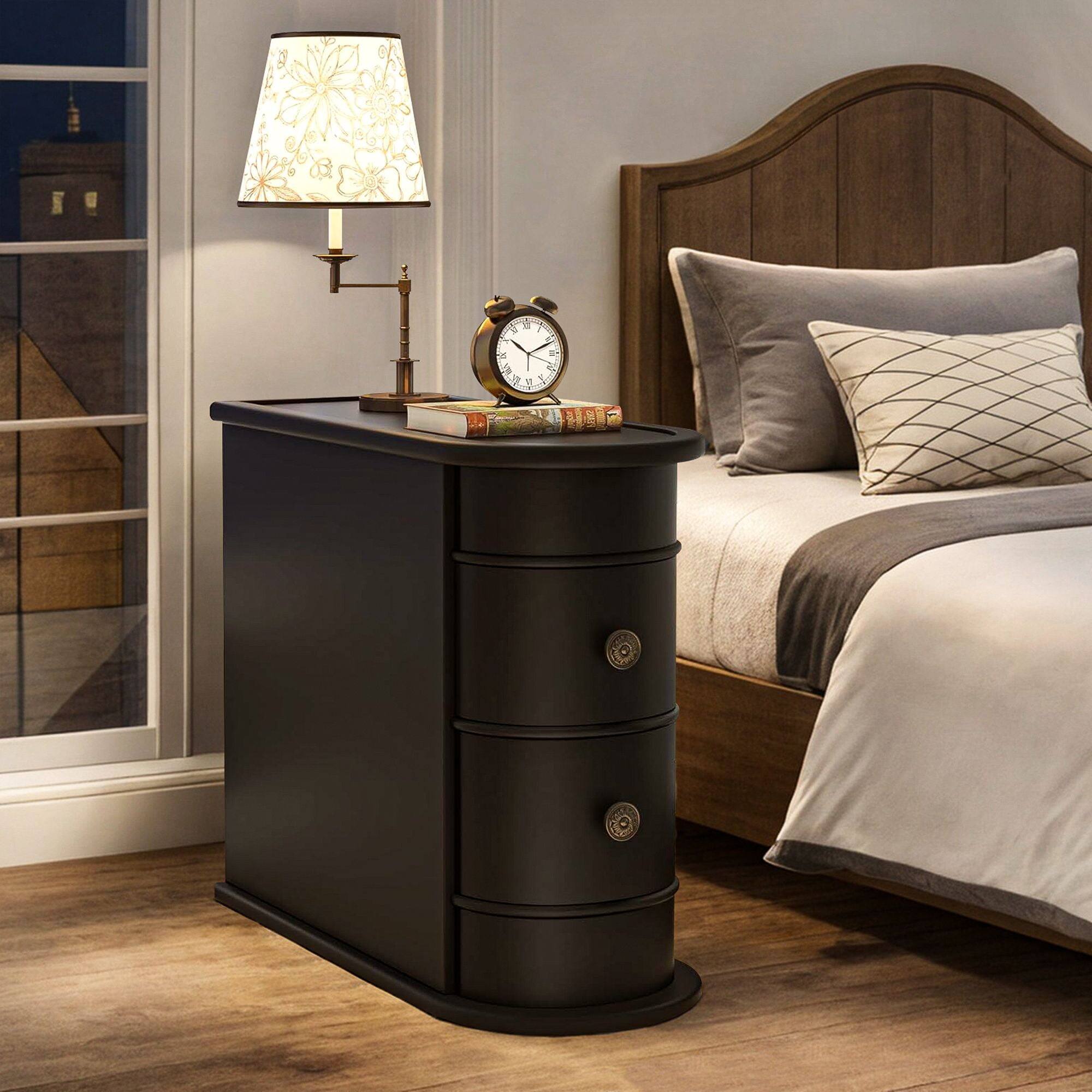 Alt View 2. Kadyn - Kadyn Wood End Table with 2 Drawers, No Assembly Required Vintage Slim Nightstand Bedside Table for Bedroom - Black.