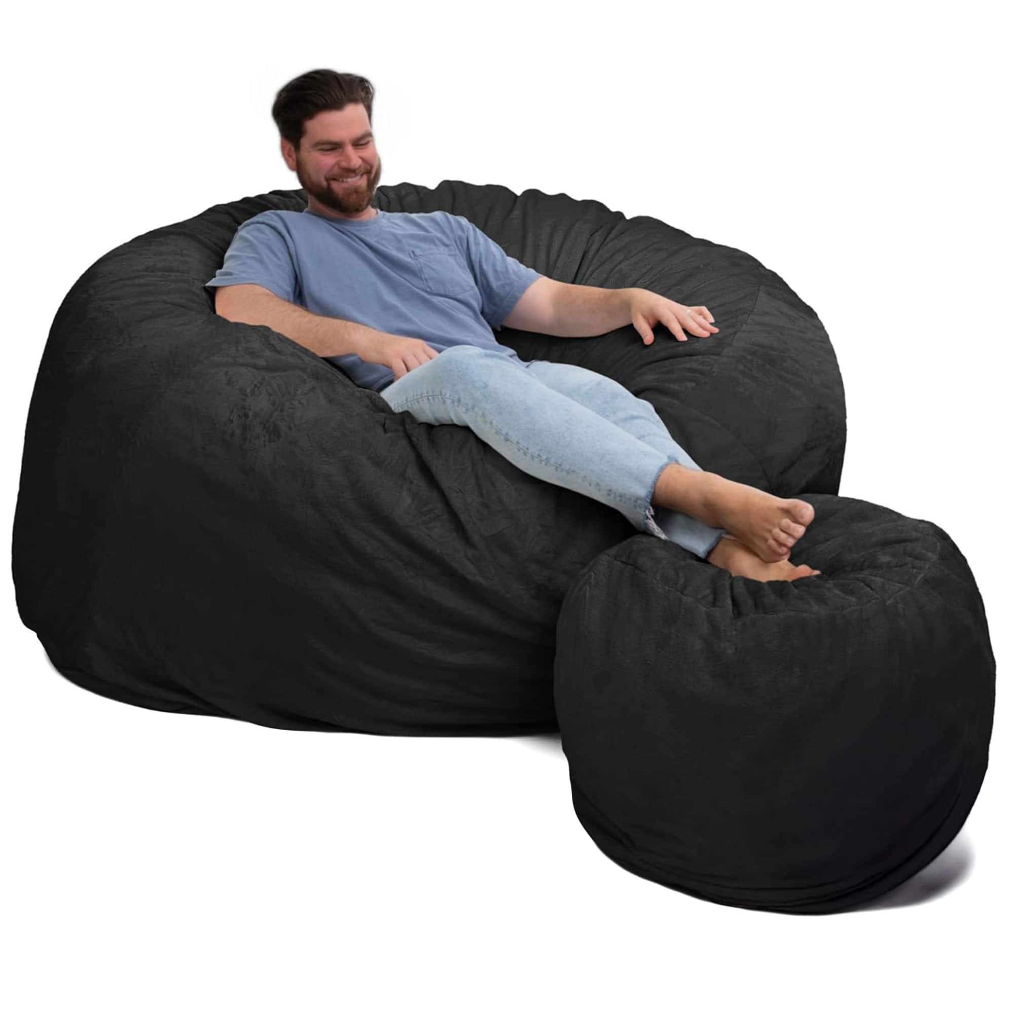 Ultimate Sack - 6000 6 Foot Pre Filled Fur Bean Bag Chair with Footstool - Charcoal