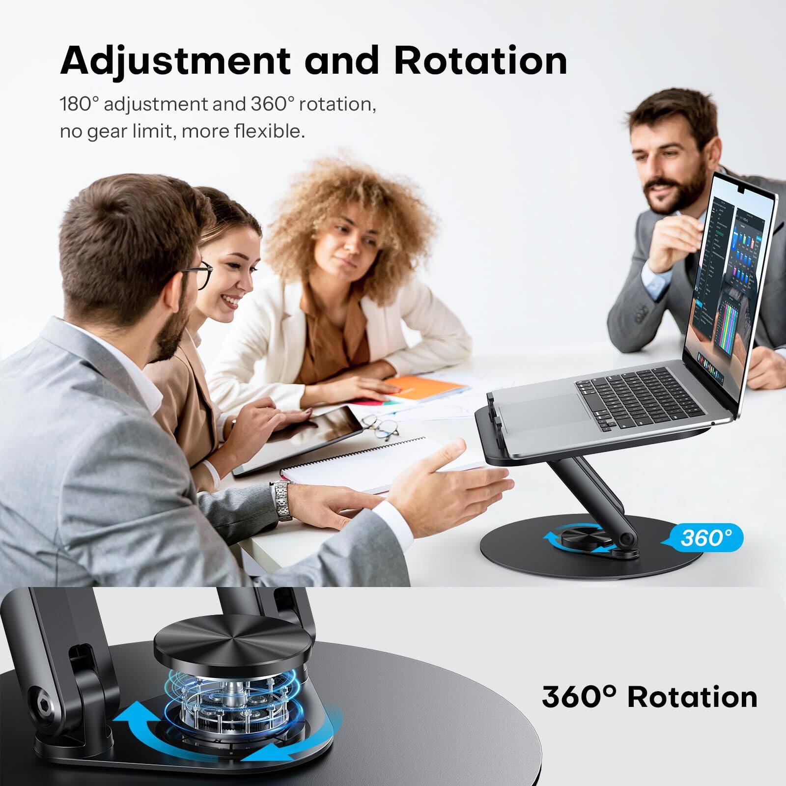 Adjustment and Rotation  
180° adjustment and 360° rotation, no gear limit, more flexible.  

360° Rotation
